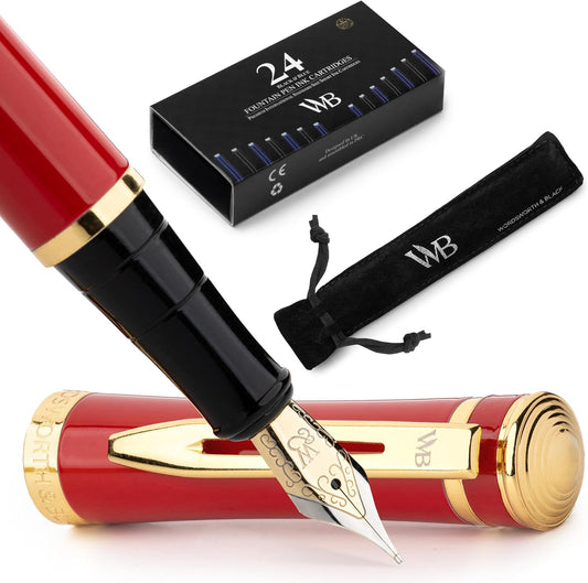 Wordsworth & Black Fountain Pen Set, 18K Gilded Medium Nib, Includes 24 Pack Ink Cartridges, Ink Refill Converter & Gift Pouch, Gold Finish, Calligraphy, [Crimson Red], Perfect for Men & Women