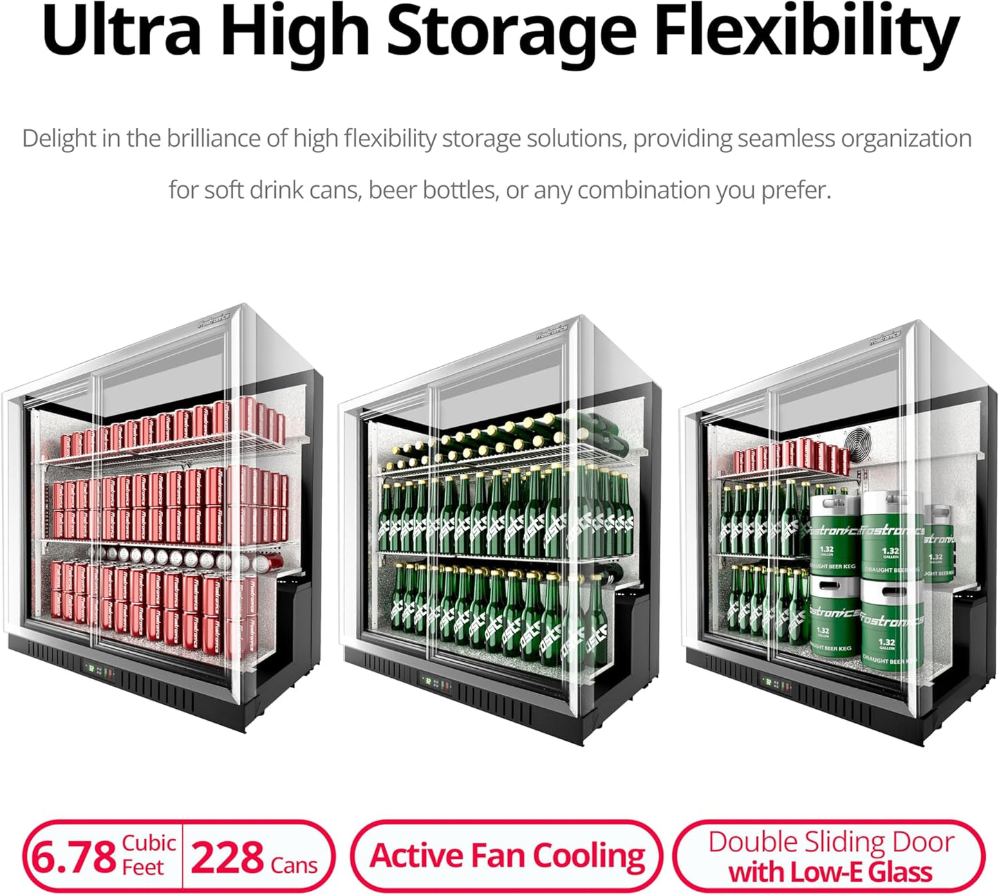 36 Inch 228 Cans Double Door Back Bar Beverage Cooler, 6.5 cu. ft. Under Counter Glass Bar Fridge With Sliding Door, Lockable, 32-50F Display Refrigerator, ETL & NSF7 Certified