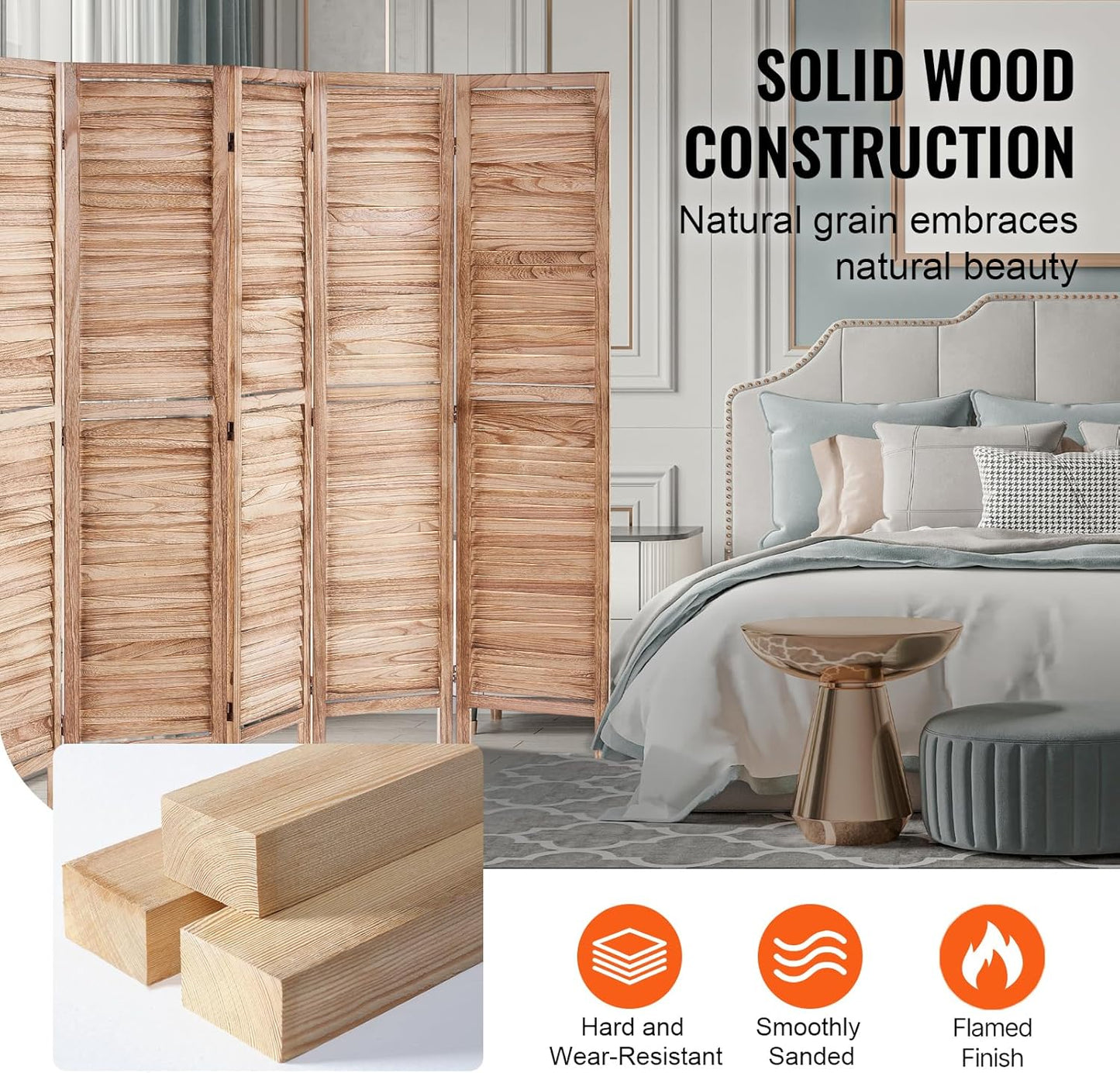 VEVOR Wood Room Divider, 6 Panel Wood Folding Privacy Screen, 66.9 Inches Tall Indoor Louvered Partition Divider, Portable Decoration Screen, for Room Separation, Home, Office, Restaurant & Bedroom