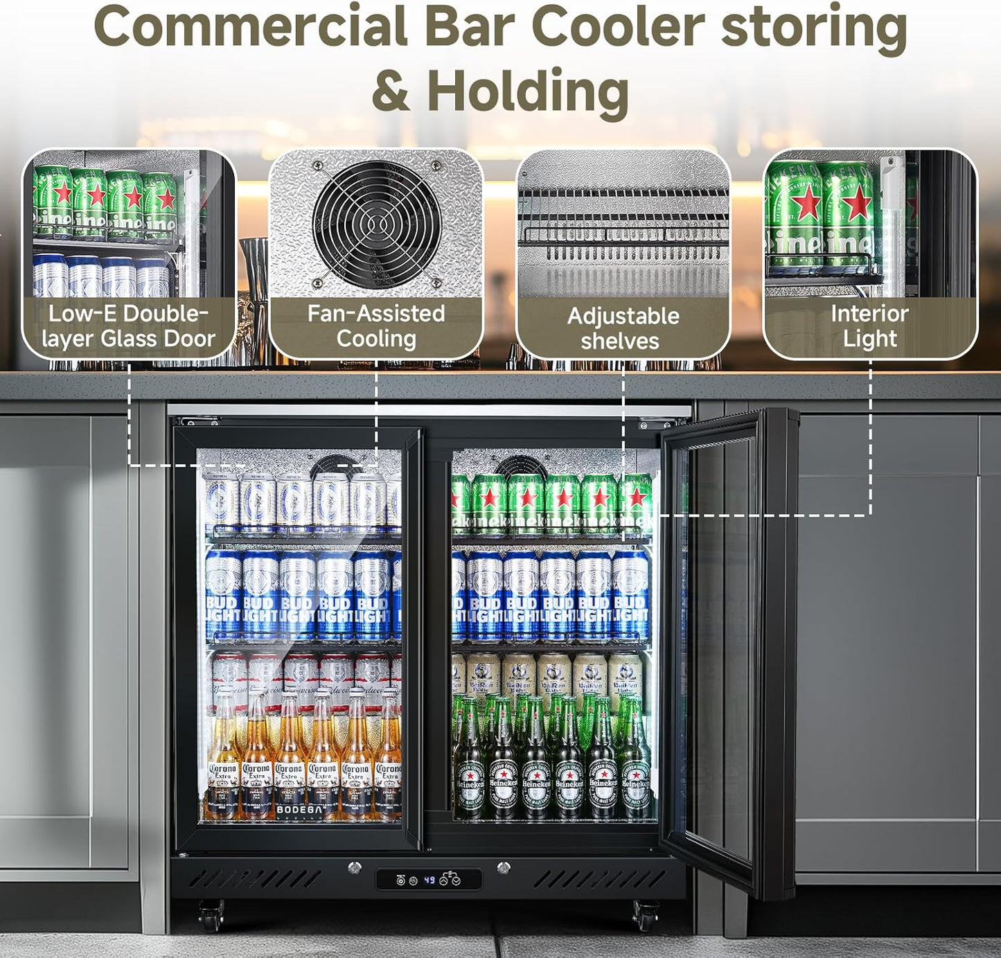 BODEGACOOLER Back Bar Cooler with 2 Glass Doors,7.7Cu.ft Commercial Bar Beverage Refrigerator Under Counter LED Lighting for Soda Drinks,Beer,Wine with Stainless Steel Top,DOE Approved,4 Casters