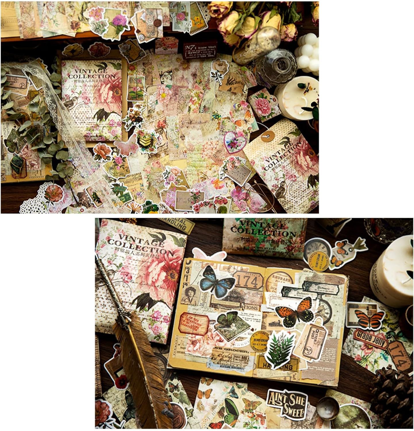 200PCS Vintage Scrapbooking Supplies Pack, Aesthetic Scrapbook Sticker Paper Art Journaling Kit for Bullet Junk Journals,Planner,Cottagecore Decor Gifts (Multiflora)