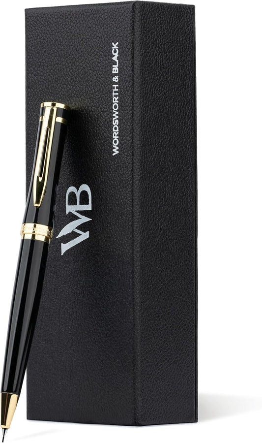 Wordsworth and Black Mechanical Pencil Graphite Lead- Stunning Luxury Metal Pencil, Black Lacquer 24K Gold Finish, 0.7mm Led, Best Gift Set for Men & Women, Professional Executive Office Pencils