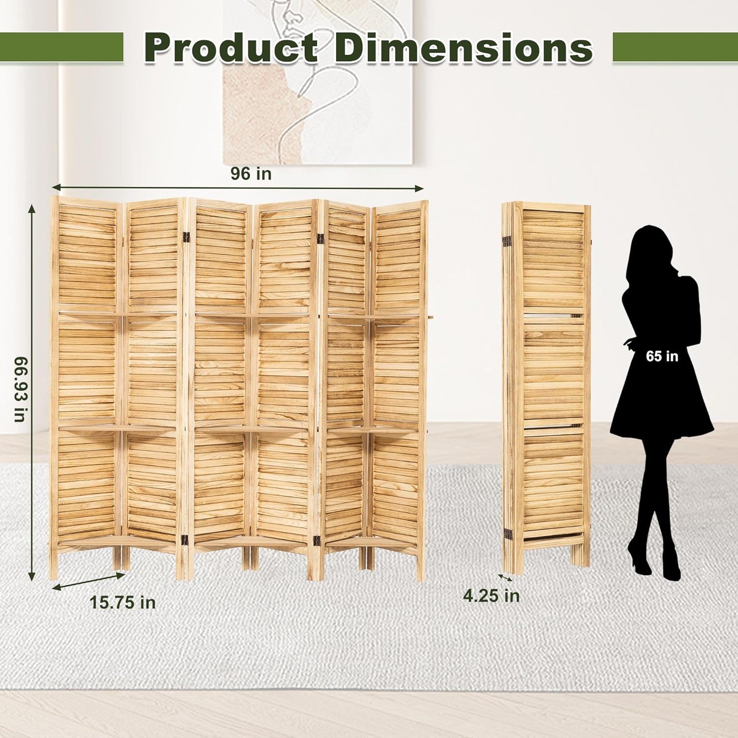 NicBex 6 Panel Room Divider,5.6FT Wood Carved Room Dividers with Display Shelves Folding Privacy Screens Portable Freestanding Partition Wall Dividers for Room Separation, Bedroom Office,Natural Wood