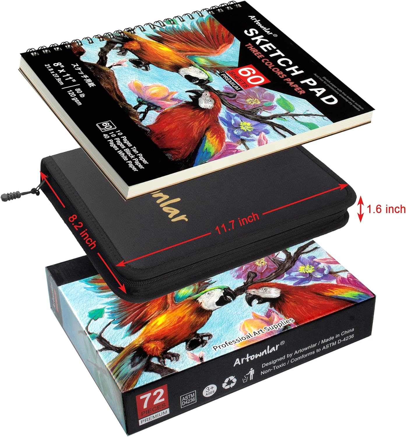 Artownlar 72 Pack Drawing Sketching Set with 8x11 Sketchbook | Pro Art Supplies Kit for Artist Adults Teens Beginner | Graphite Charcoal, Watercolor & Metallic Colored Pencils in Gift Case.