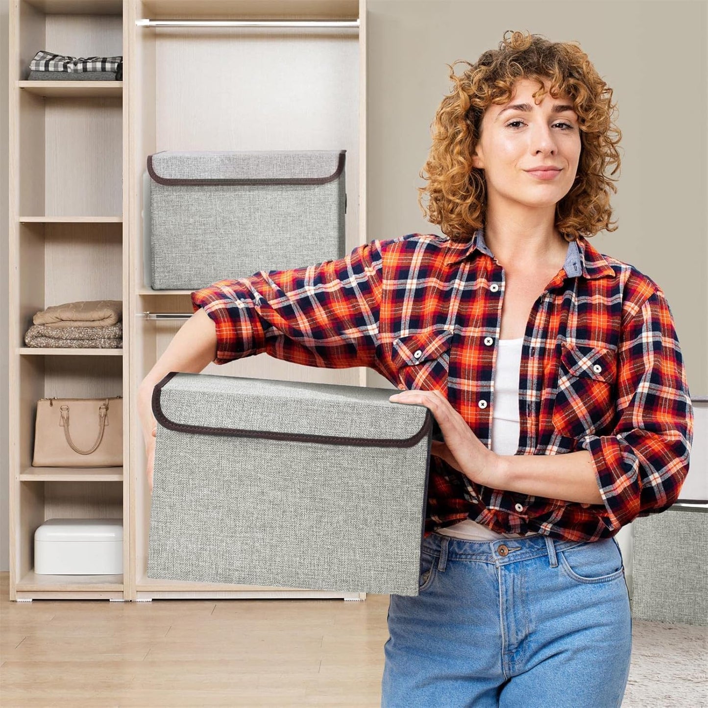 Linen Fabric Foldable Storage Cube Bin Organizer Basket with Flip-Top Lid & Handles, Large Clothes Blanket Box for Home, Office, Closet, Light Gray, 4 Pack 14.6 x 9.5 x 9.5”