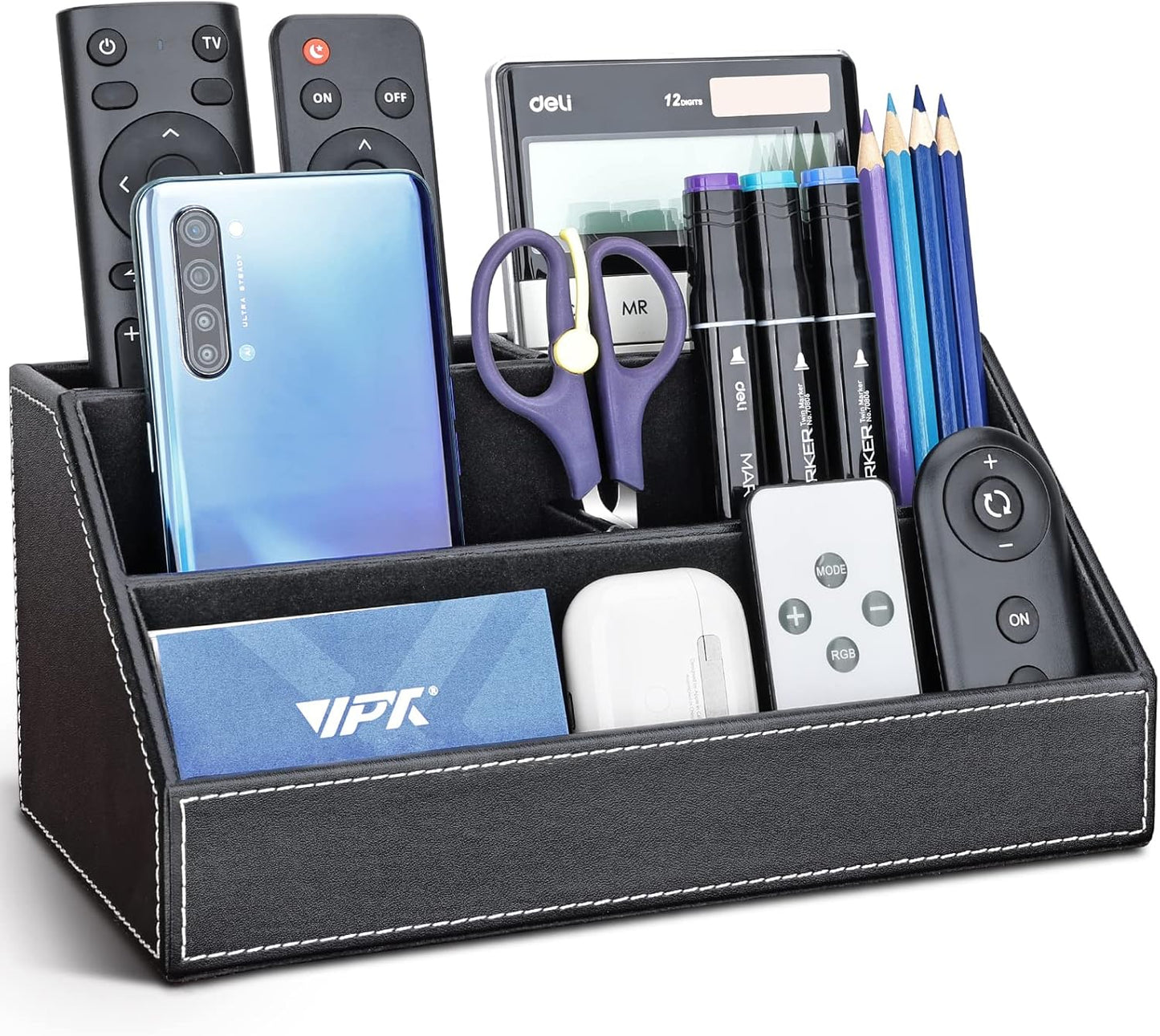 KINGFOM T31-6PCS/SET Office Desktop Decor Organizer Supplies Set PU Leather Remote Control Collection Holder, Pencil Box, Business Card Holder, Mouse Pad, Sticky Notes Paper and Dispenser