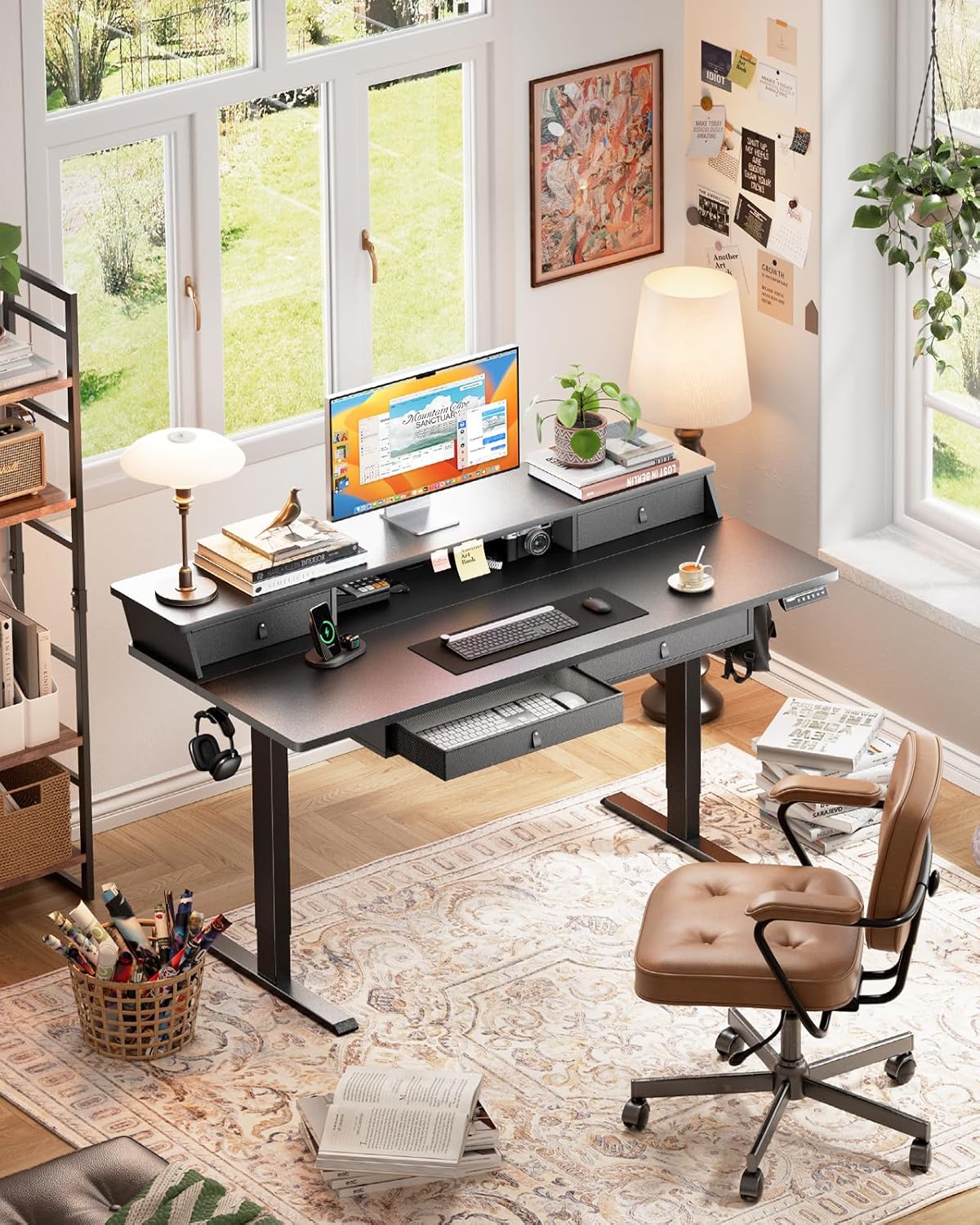 ErGear Electric Standing Desk with 4 Drawers, 63" x 30" Height Adjustable Desk with Storage, C-Clamp Mount Compatible, Computer Home Office Table with Cable Management Tray, Black