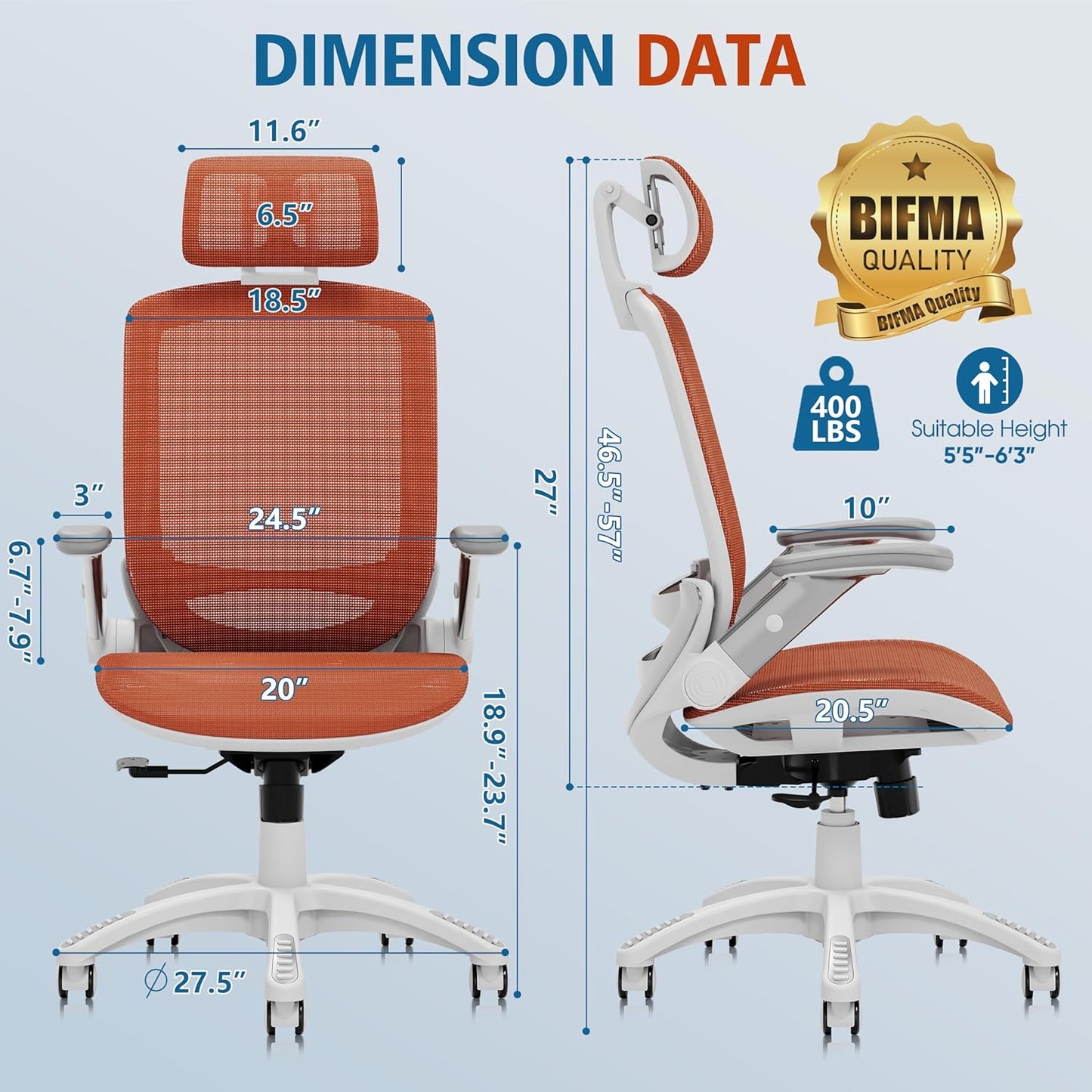 GABRYLLY Ergonomic Office Chair, High Back Home Desk Chair with Headrest, Flip-Up Arms, 90-120° Tilt Lock and Wide Cushion, 400LBS Mesh Chairs for Man Woman, White Task Chair(Orange,GY01WOR)