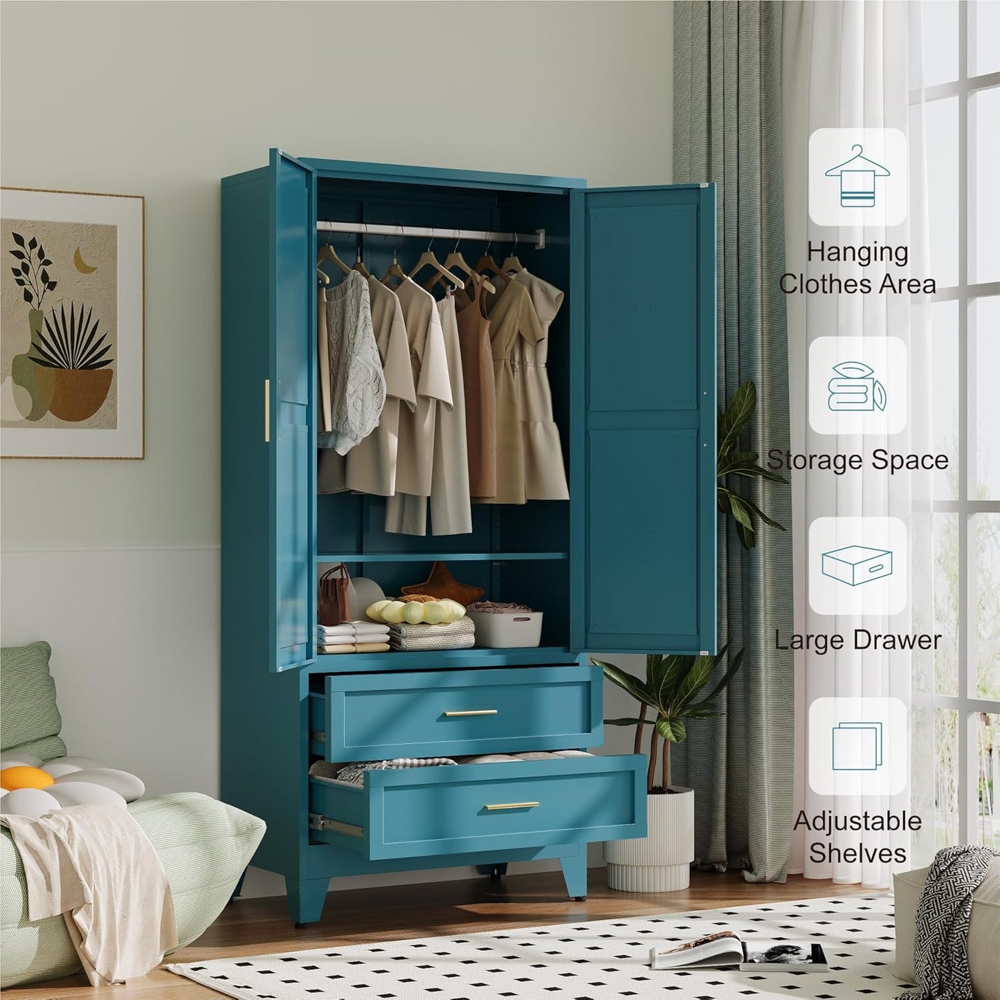 Metal Wardrobe Cabinet with Hanging Rod, 71" Armoire Wardrobe Closet with 2 Drawers,Farmhouse Metal Clothing Storage Cabinets with Door and Adjustable Shelves for Bedroom,Laundry Room(Blue)