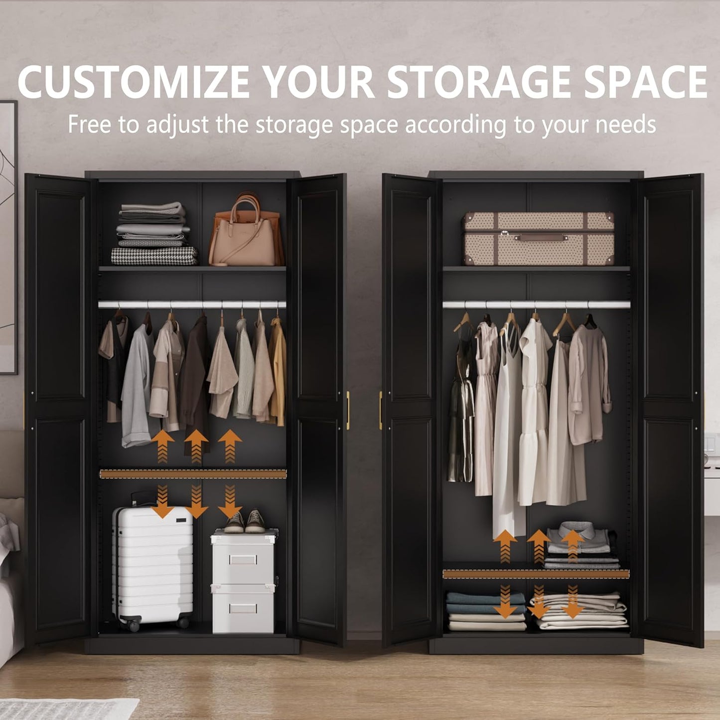 Metal Armoire Wardrobe Closet with Hanging Rod, 71" Tall Wardrobe Cabinet for Clothes, Black Clothing Storage Cabinet with Doors and Shelves, Large Wardrobes for Bedroom-Assemble Required