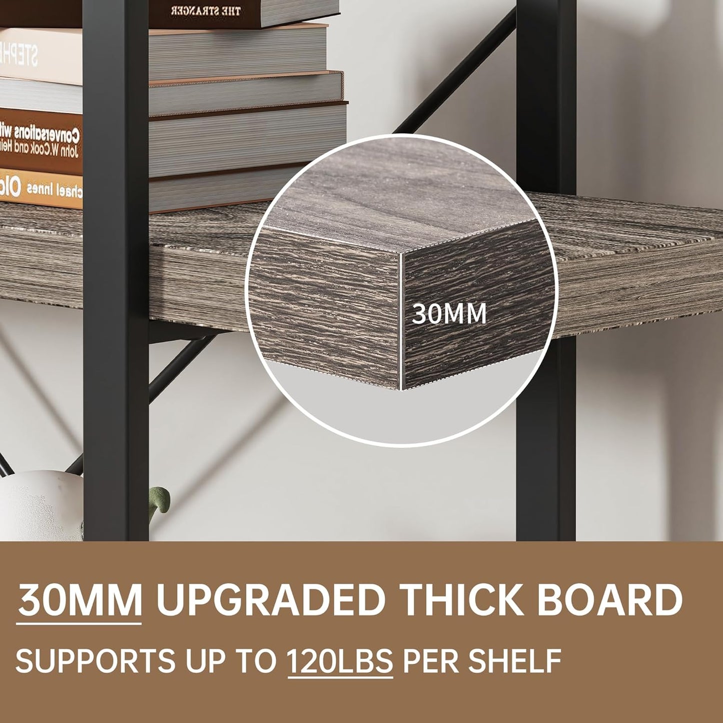 Bookshelf Set of 2, Heavy Duty 4-Tier Industrial Bookcase, 47" Wide Wood Bookshelf for Home Office, 120lbs Shelf Capacity, Rustic Display with Horizontal Shelf for Living Room Bedroom,Grey