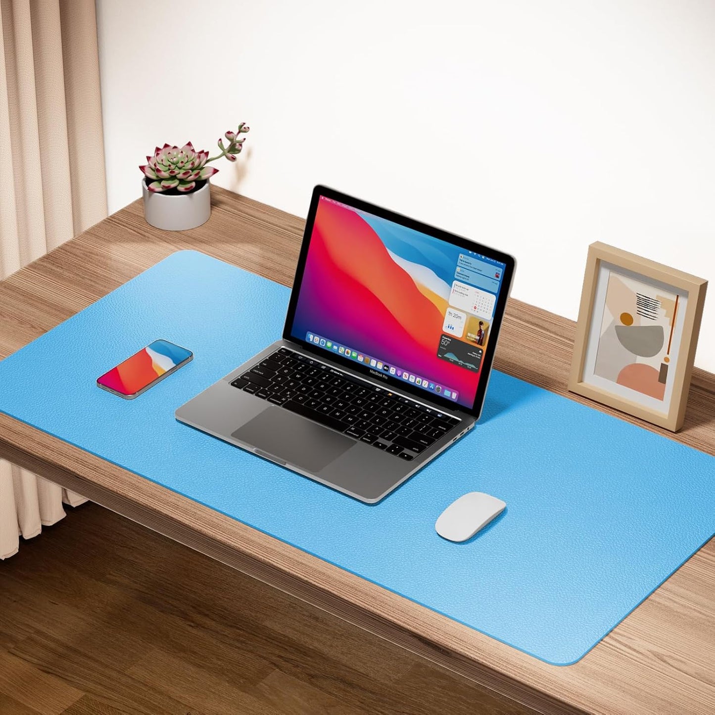 Boutilon Leather Desk Pad Protector,Non-Slip Mouse Pad,Laptop Desk Pad,Office Mouse Mat,Waterproof Leather Desk Blotter,Desk Writing Pad for Office and Home (S-Blue,24"x 14")