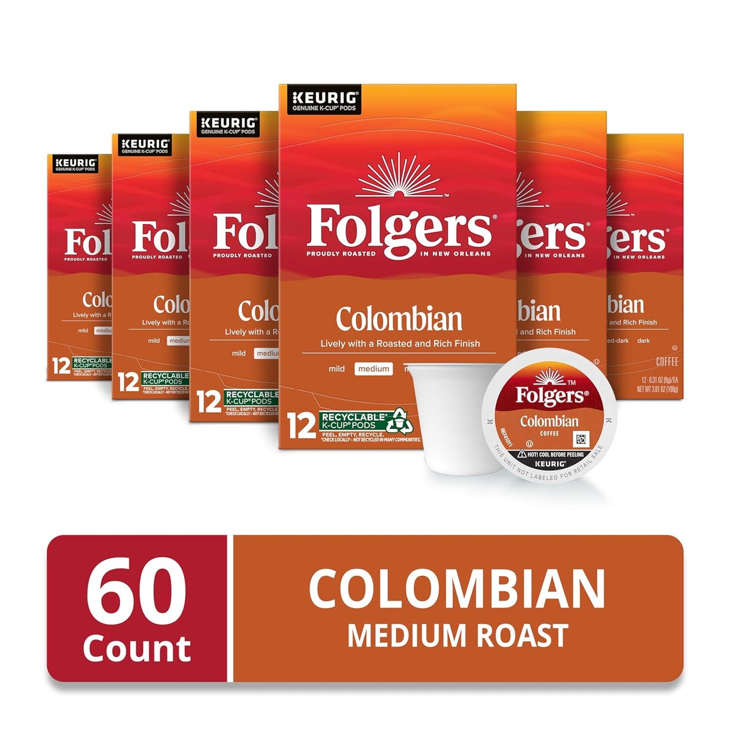Folgers Colombian Medium Roast Coffee, 12 Keurig K-Cup Pods (Pack of 6)