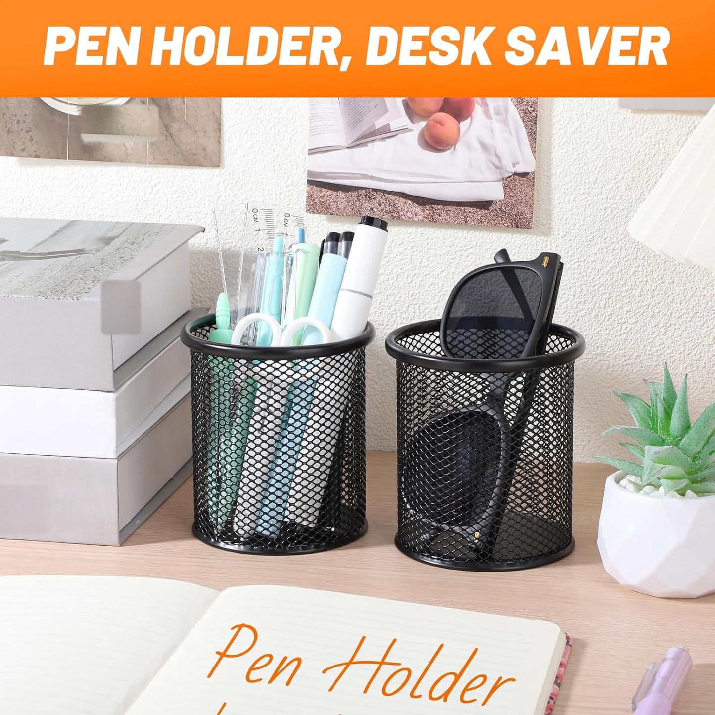 Segarty Pen Holder, 3 Pack Round Black Pen Cup Holder for Desk, Wire Mesh Pencil Containers Set for Office Supplies, School Maker, Home Desktop Accessories Organizer, Makeup Brush