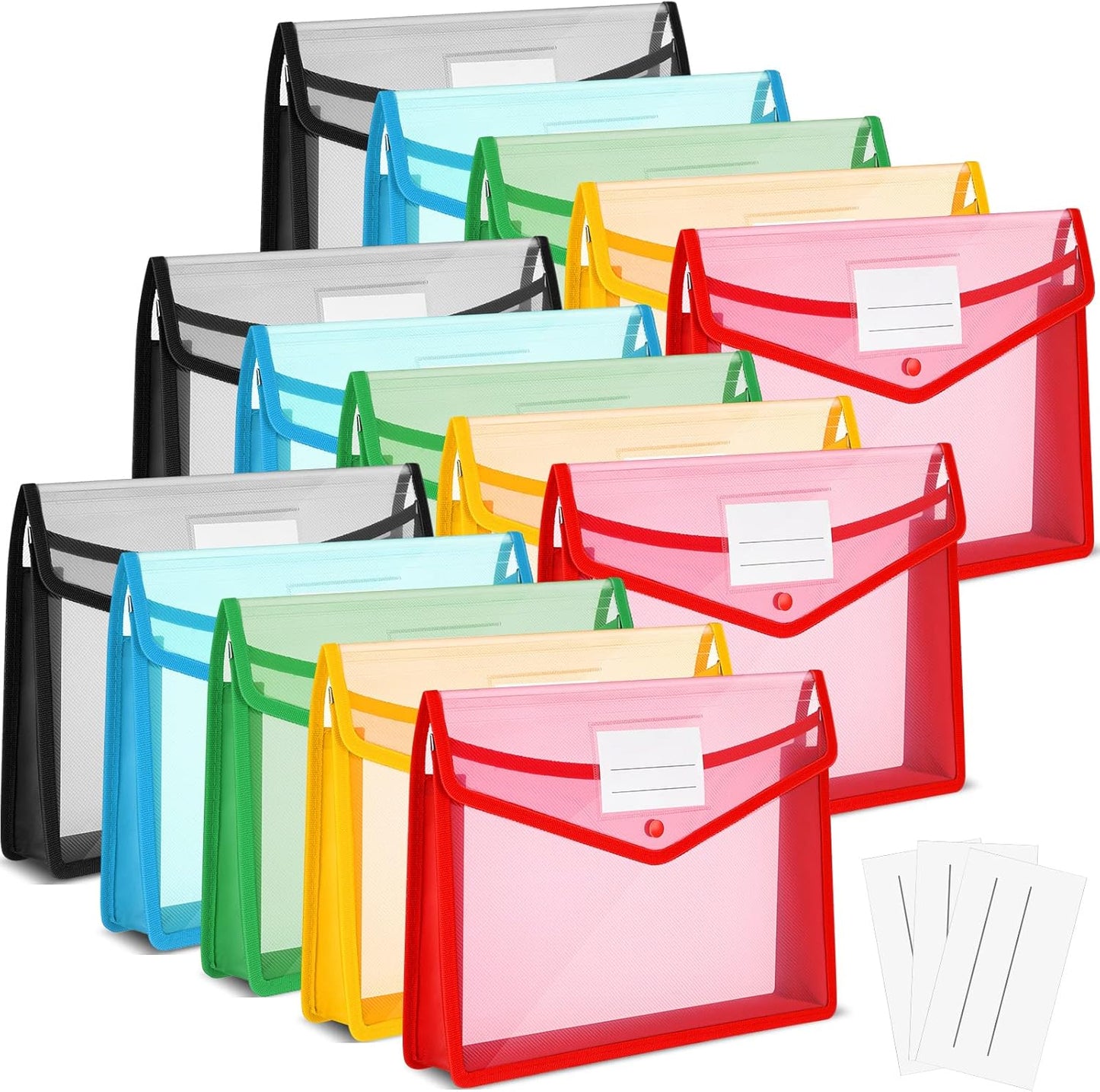Teling 15 Pieces Plastic File Folders Envelope Expanding File Wallet Document Folder A4 Colorful Document Organizer with Button Closure and Pocket Waterproof File Pouch for Home Work (Colorful)