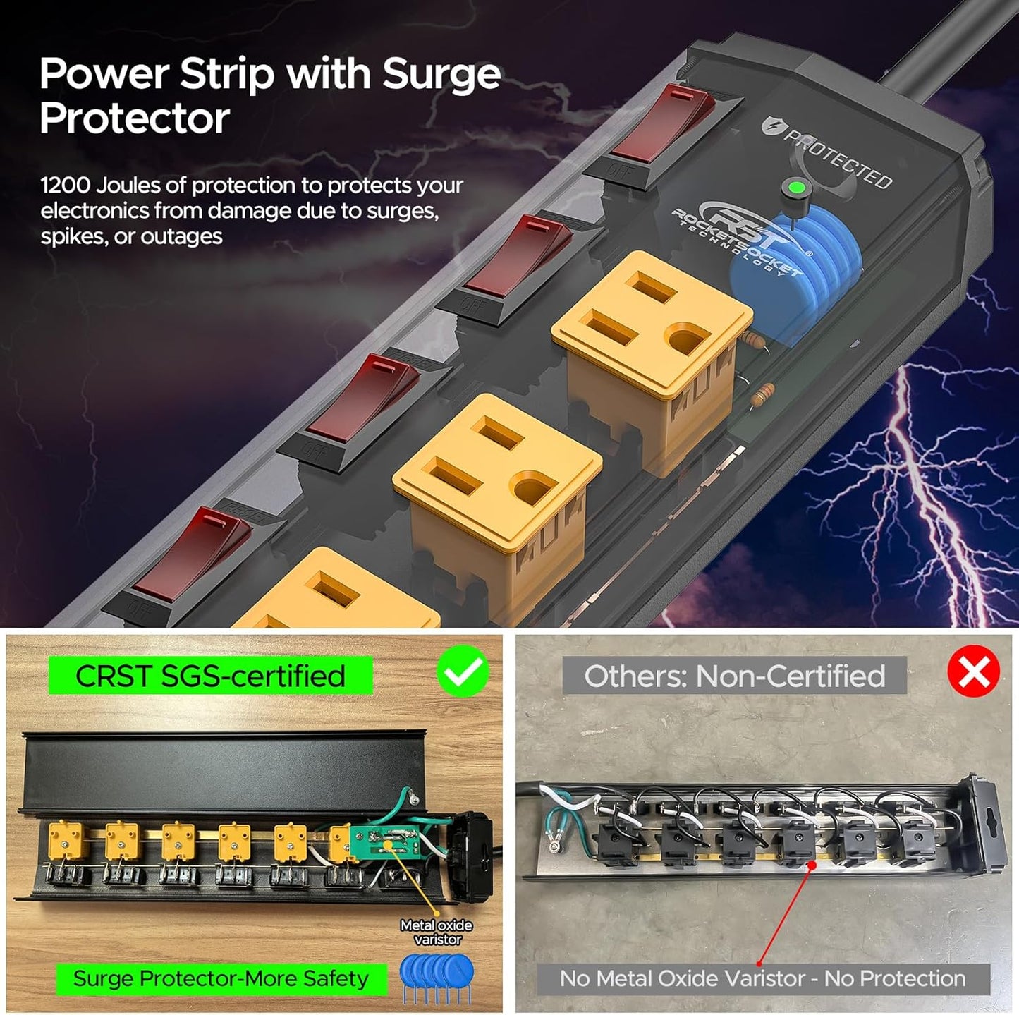 CRST 6 Outlet Metal Heavy Duty Power Strip with Individual Switches, 6FT Wall Mount Garage Power Strip, Surge Protector (1200 Joules), 15amp/1875W, 14AWG SJT Power Cord