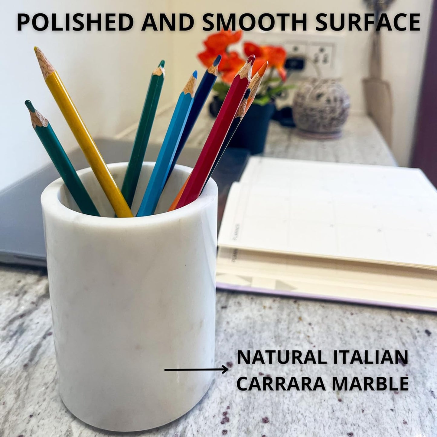 Natural Marble Pencil Pen Holder Stand for Desk, Makeup Brush Cup for Girls, Bathroom Tumbler Cup, Durable Office & Home Organizer Pencil Holder