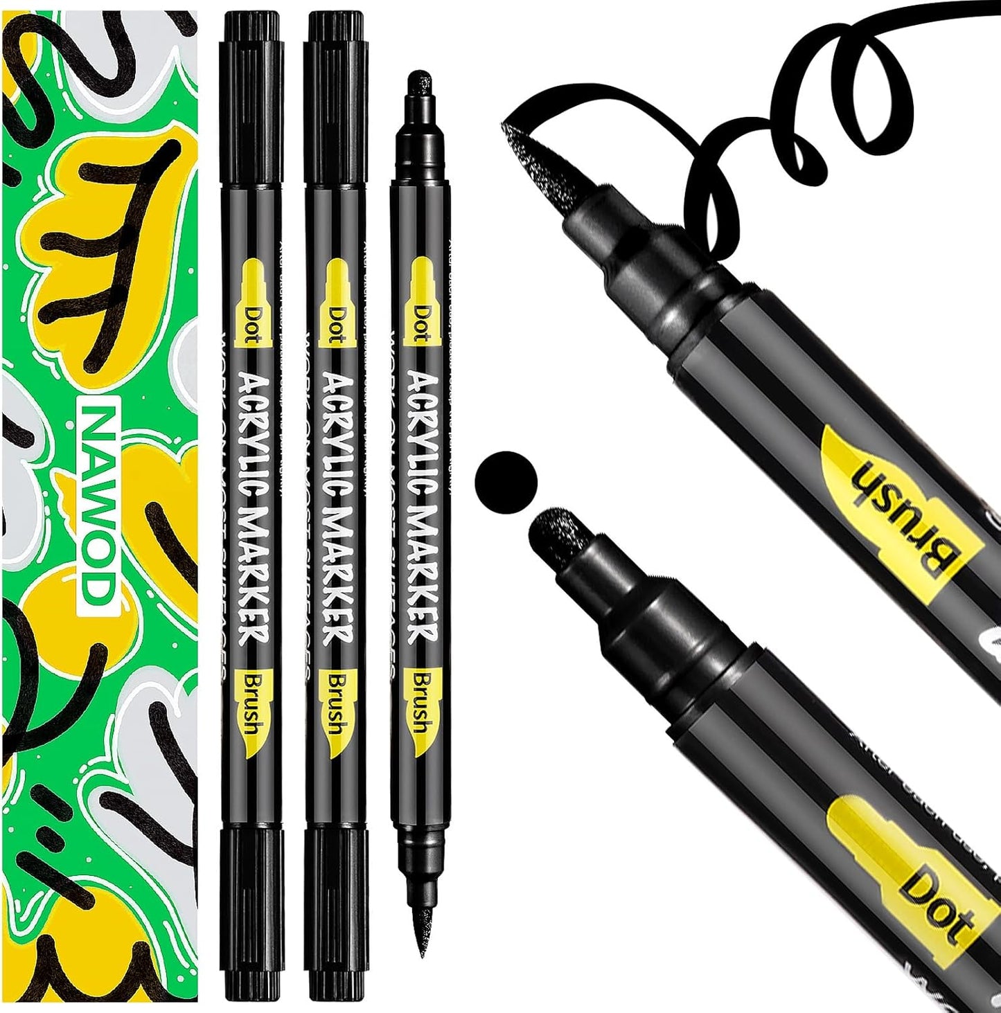 NAWOD 3 Black Acrylic Paint Pens, Acrylic Paint Markers Dual Tip (Dot Tip + Brush Tip), Acrylic Permanent Markers for Rock, Fabric, Canvas, Ceramic, Glass, Wood, Paper, Labeling, Drawing, DIY Crafts