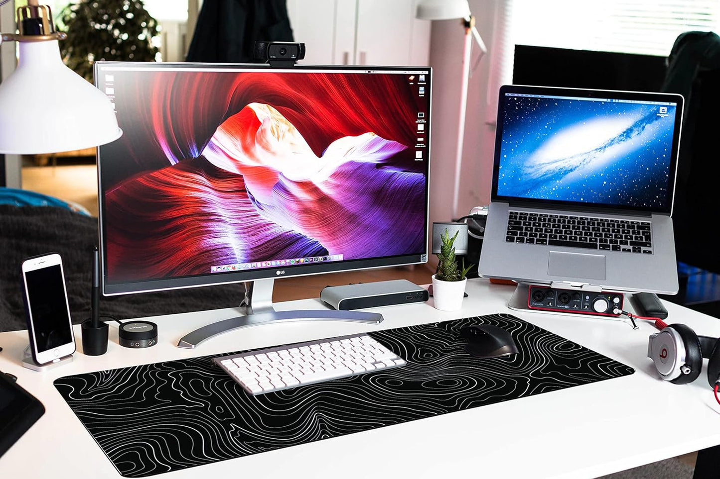 Desk Mat, Topographic Map Lines Pattern Large Desk Pad Extended Gaming Mouse Pad, 35.4 x 15.7inch Mouse Pad with Non-Slip Rubber Base Stitched Edges, Home Office Decor for Women Girls Men Boys