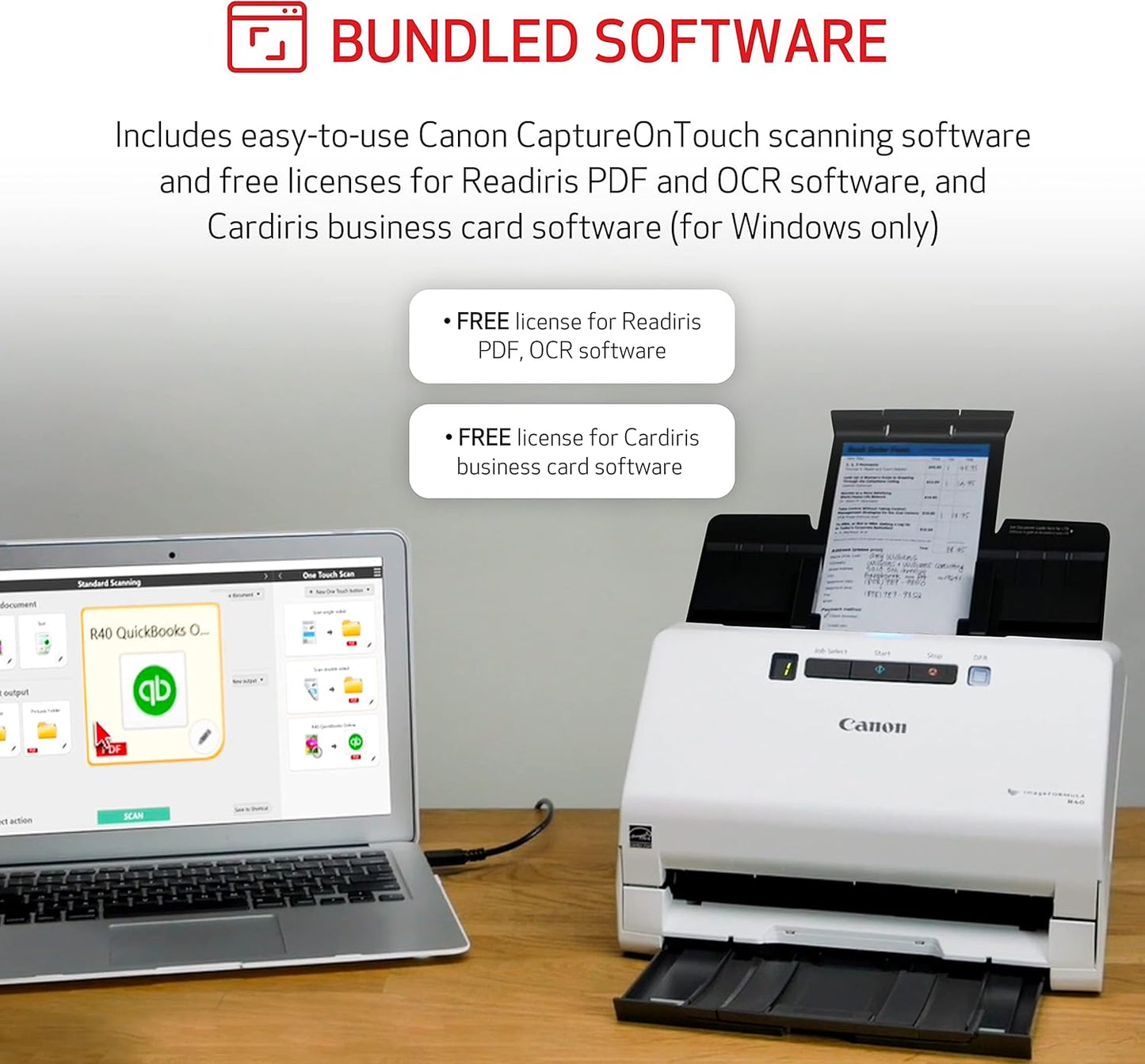 Canon imageFORMULA R40 Office Document Scanner Receipt Edition, for PC and Mac, Scan & Extract Data to QuickBooks Online, Color Duplex Scanning, Auto Document Feeder, Easy Setup for Office Or Home Use