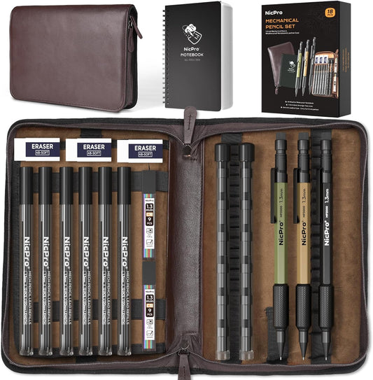 Nicpro 1.3mm Mechanical Pencil Set in Leather Bag with Lead Refill Black & Colors, Erasers- Weatherproof Metal Heavy Duty Carpenter Pencil & Spiral Notebook for Outdoor Drafting Marking Drawing