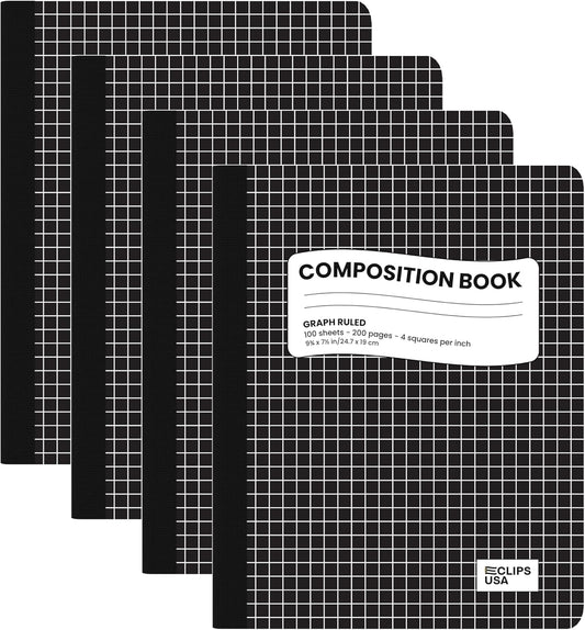 E-CLIPS USA Composition Notebooks, Quad Ruled, Graph Paper Composition Notebook, Hard Cover Marble Graph Composition Notebook, 100 sheets, 9.75″ x 7.50″ (4 Pack)