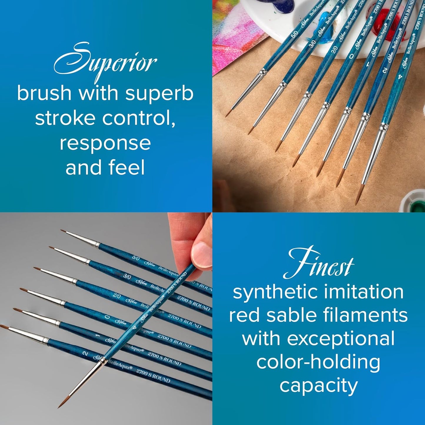 Silver Brush Limited BA-2755S BelleAqua Certain Touch 5pc Watercolor Brush Set, Premium Short Handle Paint Brushes, Soft Synthetic Red Sable, Sizes 1/4 & 3/8 Inch Angle and 0, 1, & 2 Liner Brushes