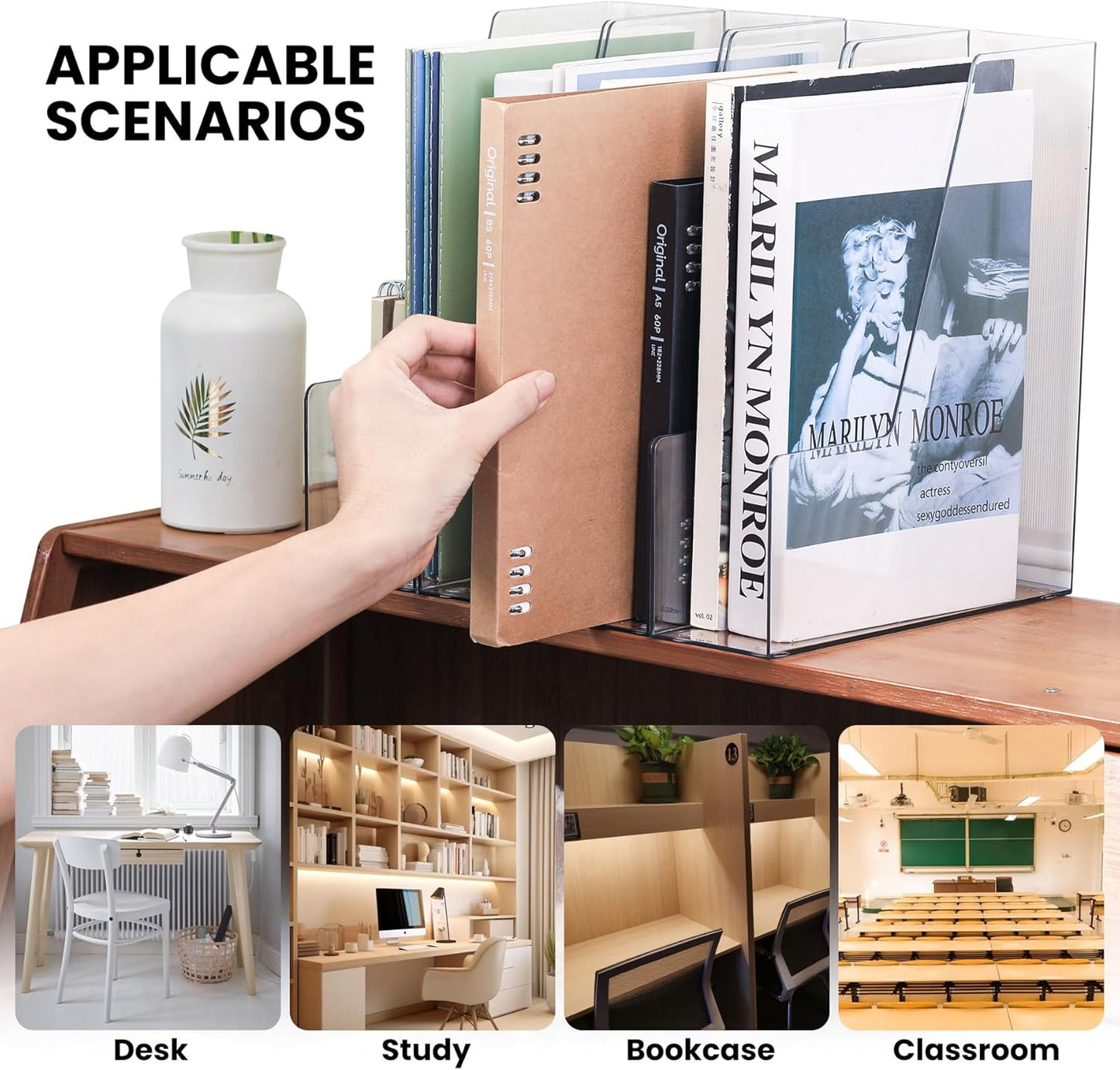 Vertical Magazine File Holder, Clear File Organizer Desk Organizer and Storage Bins Holding for Magazines, Binders, Notebooks, Envelopes, Plastic Office Organization and Storage for Desk, 4 pack