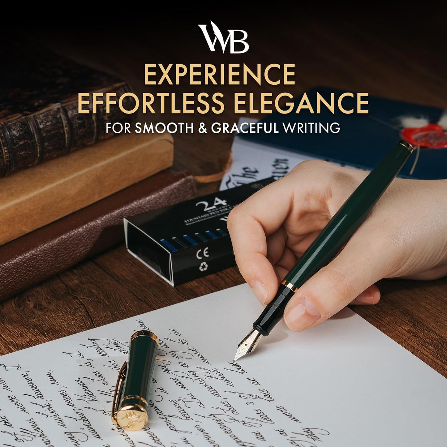 Wordsworth & Black Fountain Pen Set, 18K Gilded Fine Nib, Includes 24 Pack Ink Cartridges, Ink Refill Converter & Gift Box, Gold Finish, Calligraphy, [Racing Green], Perfect for Men & Women