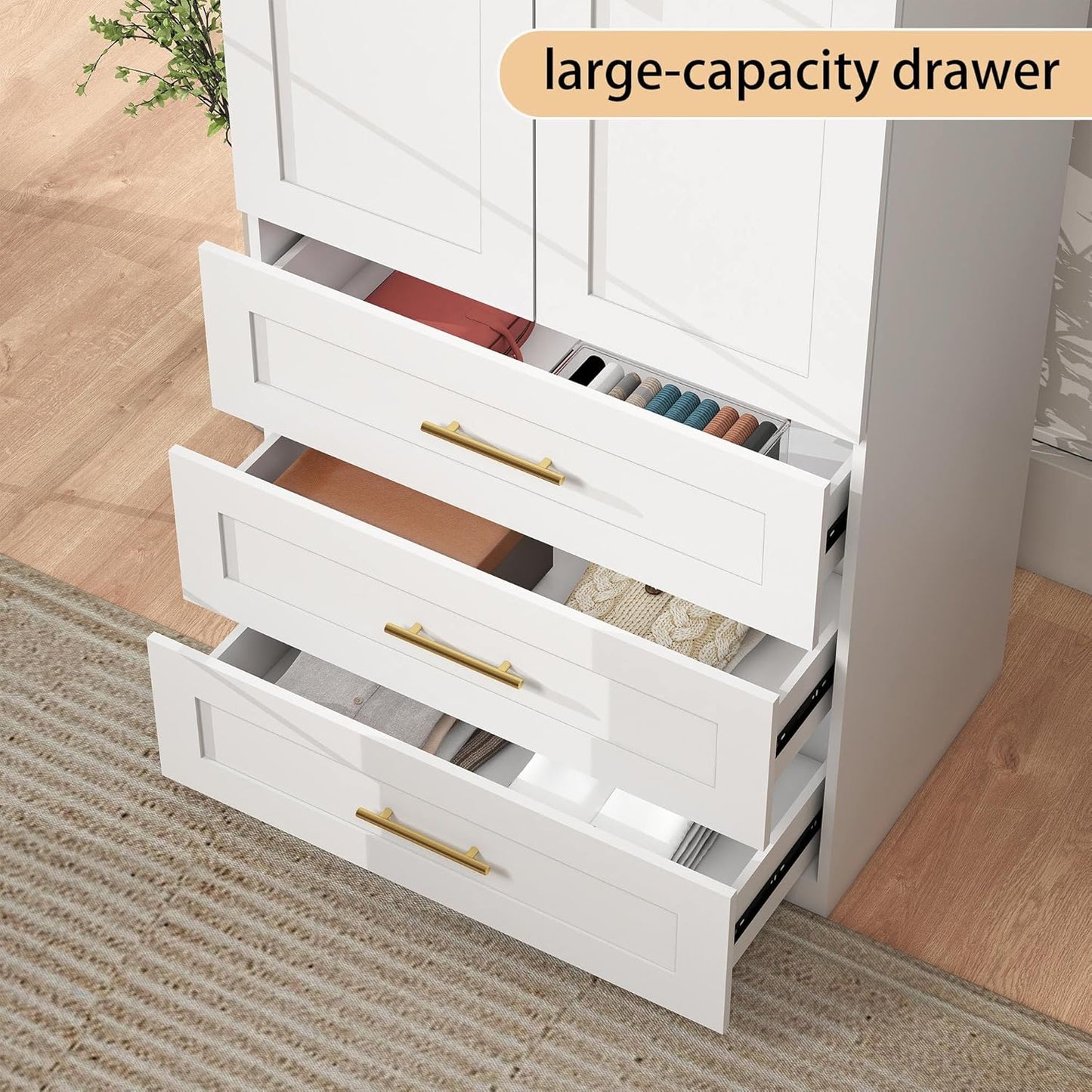 White Wardrobe with 2 Doors: 75" Tall Armoire Wardrobe Closet with 3 Drawers, Bedroom Closet Cabinet for Hanging Clothes, Wooden Storage Armoire with Shelves (Modern, 1)