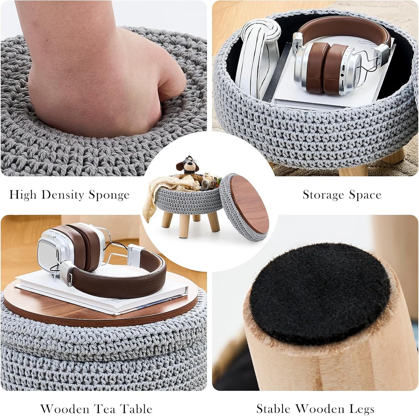 Round Storage Ottoman Foot Rest Cotton Braided Foot Stool Pouf Ottoman with Solid Wood Legs Footstool with Storage Shoe Changing Stool for Living Room Gray