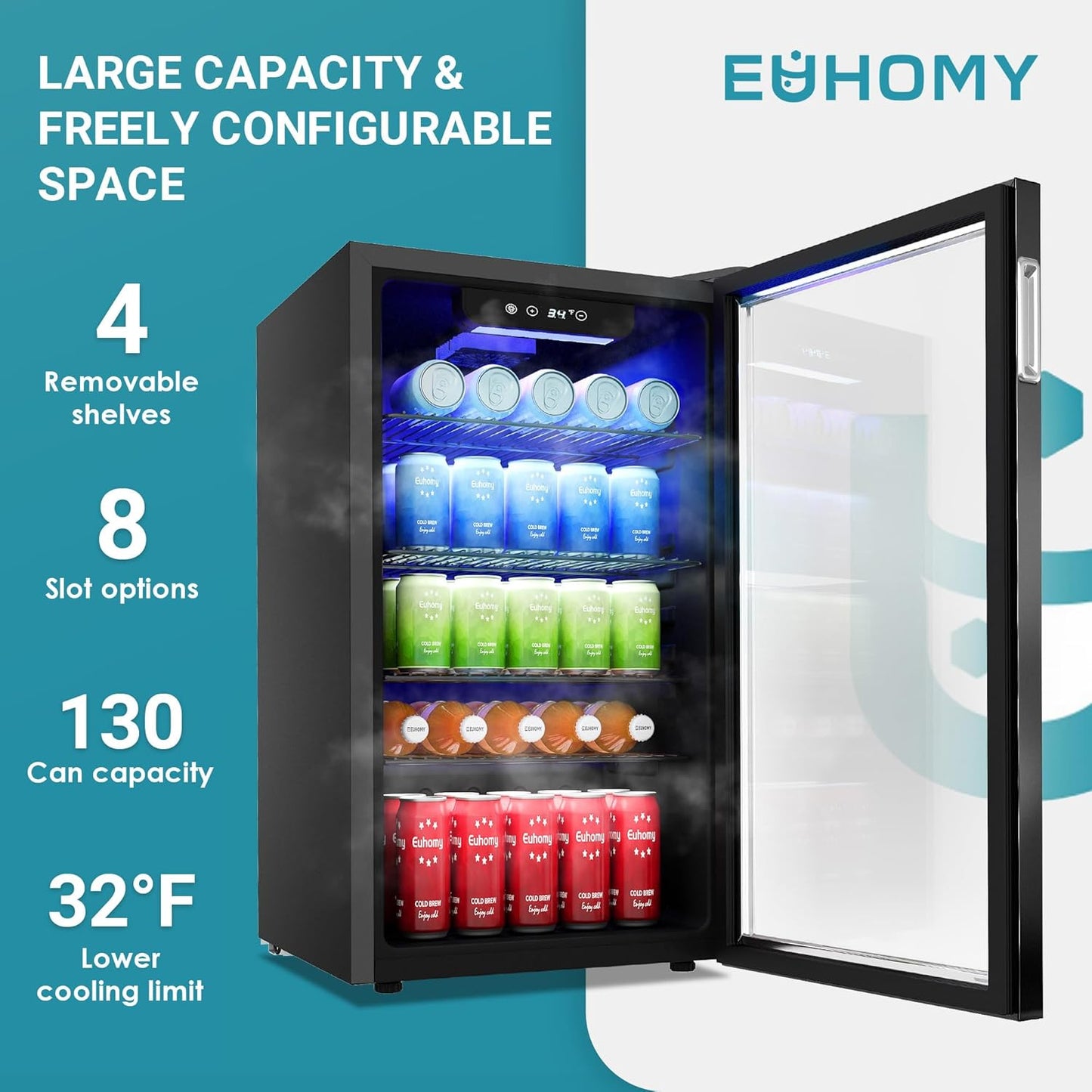 EUHOMY Beverage Refrigerator Cooler, 130 Can Mini Fridge with Glass Door for Soda Beer or Wine, Beverage Cooler for Home, Office, Bar with Adjustable Removable Shelves, Black