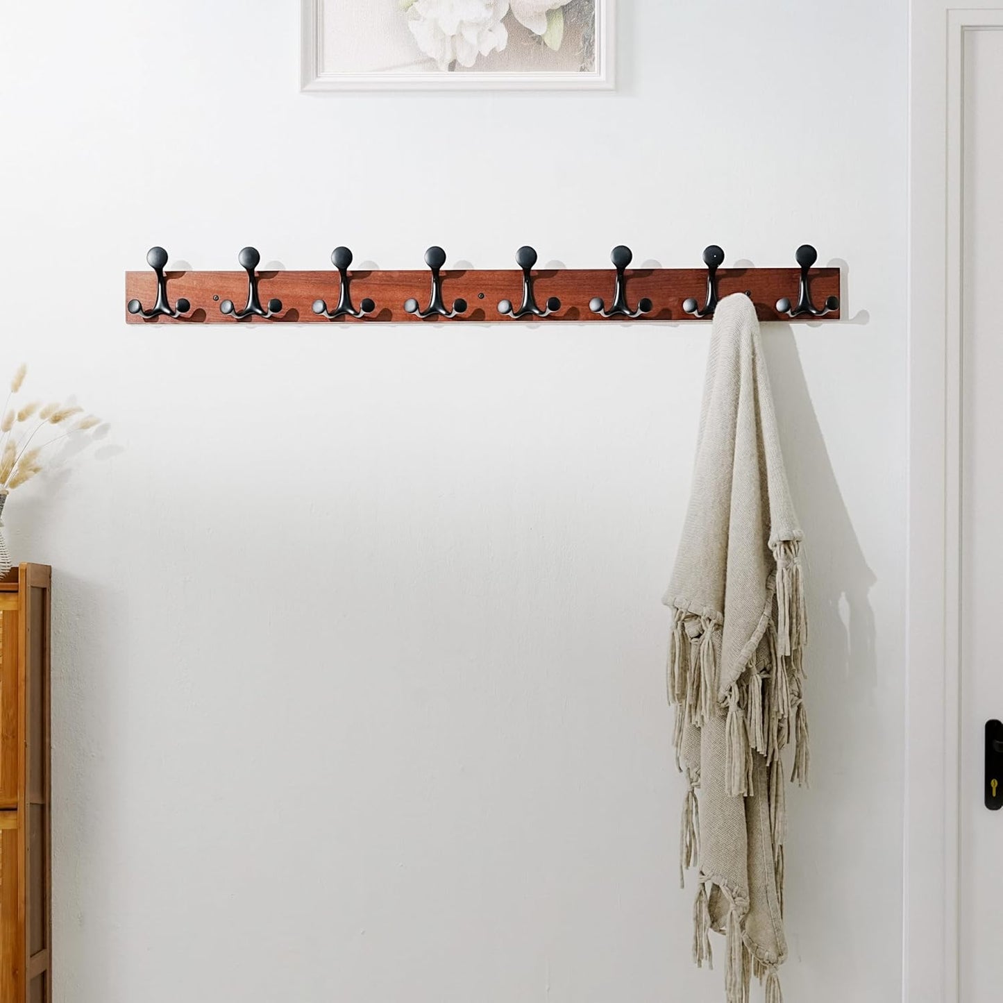 SKOLOO 43-Inch Cherry Wood Coat Rack Wall Mount with 8 Triple Hooks - Ideal for Family Entrances, Classrooms, and Pet Supplies Storage - Perfect Coat Hooks for Wall