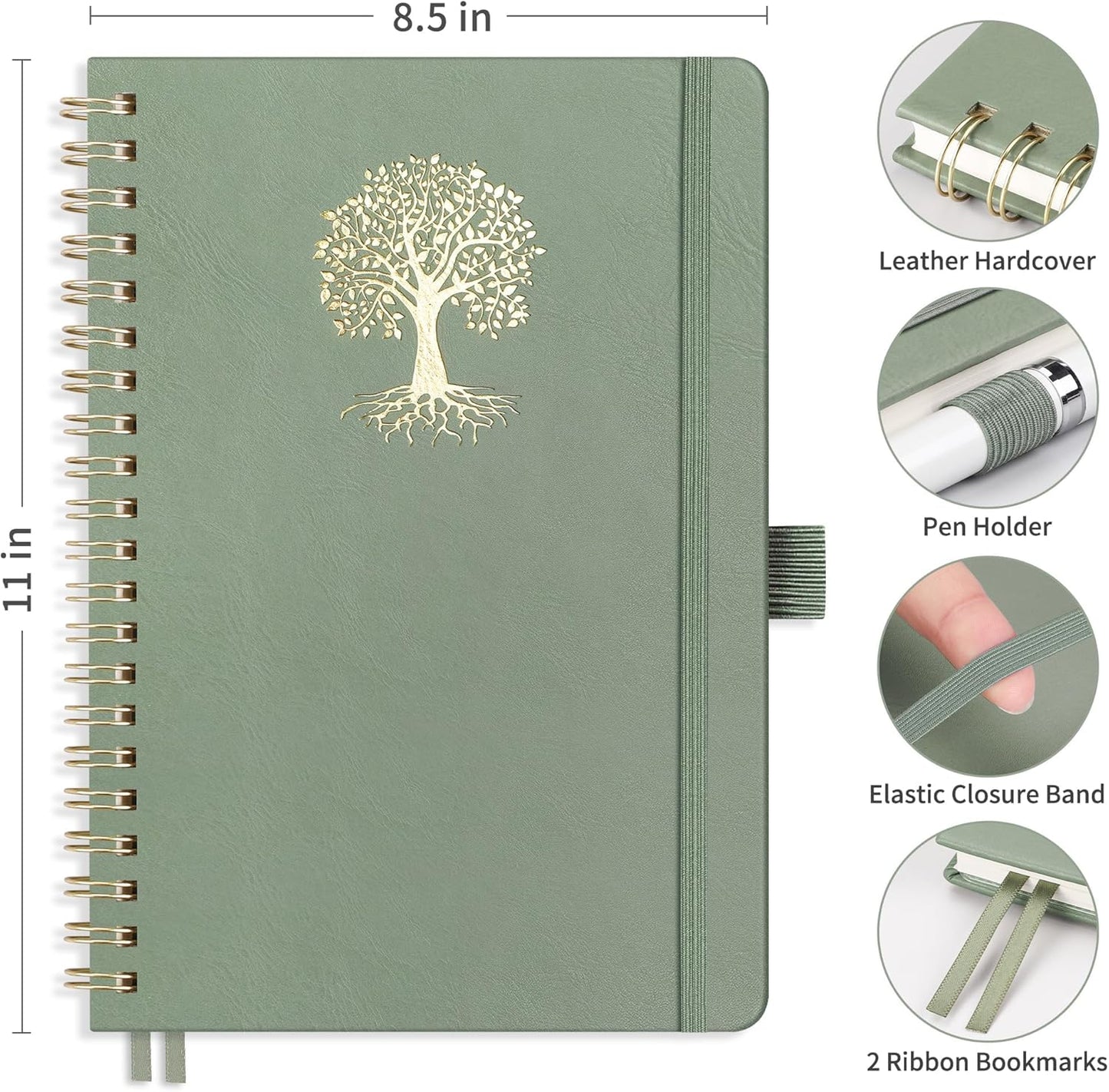 RETTACY Spiral Journal Notebook, 110 Numbered Pages, A4 Large Size (8.5'' x 11''), for Men & Women, Journaling, Writing, Work & Office, Leather Hardcover, 100 GSM Thick Paper (Light Green)