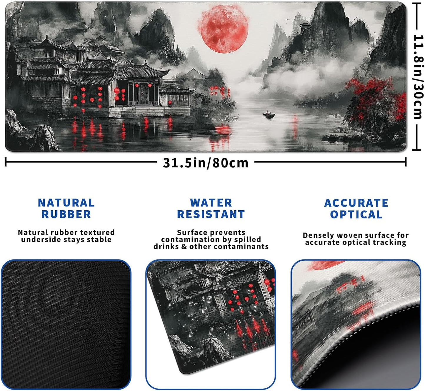 Retro Landscape Mouse Pad Abstract Big Mouse Pad 31.5x11.8 Inch Landscape Texture Non-Slip Rubber Base Large Mousepad Stitched Edges Keyboard Mouse Mat Desk Pad for Office and Home