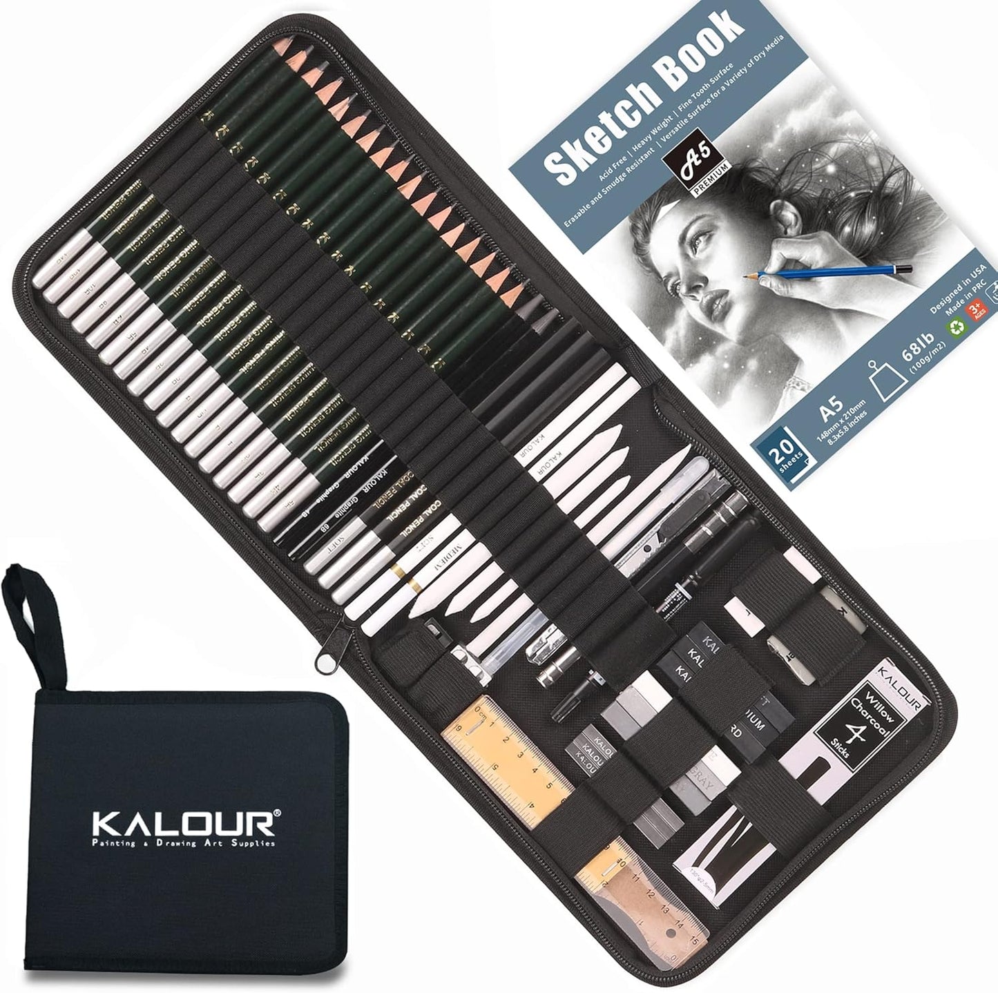 KALOUR 54-Pack Sketch Drawing Pencils Kit with Sketchbook,Include Graphite,Charcoal Pencils and Artists Tools,Pro Art Drawing Supplies for Adults Kids Beginners,ideal for Sketching Shading