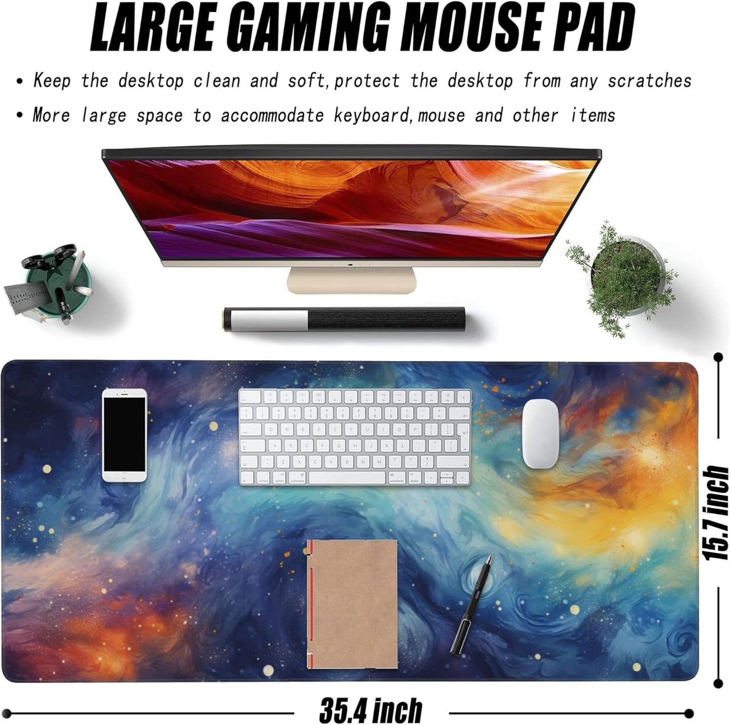 Extended Large Gaming Mouse Pad, Stars Nebulas and Cosmic Swirls Large Desk Mat for Desktop, Non-Slip Rubber Base Stitched Edges Long Computer Keyboard Desk Pad Mouse Mat for Home Office 35.4"X15.7"