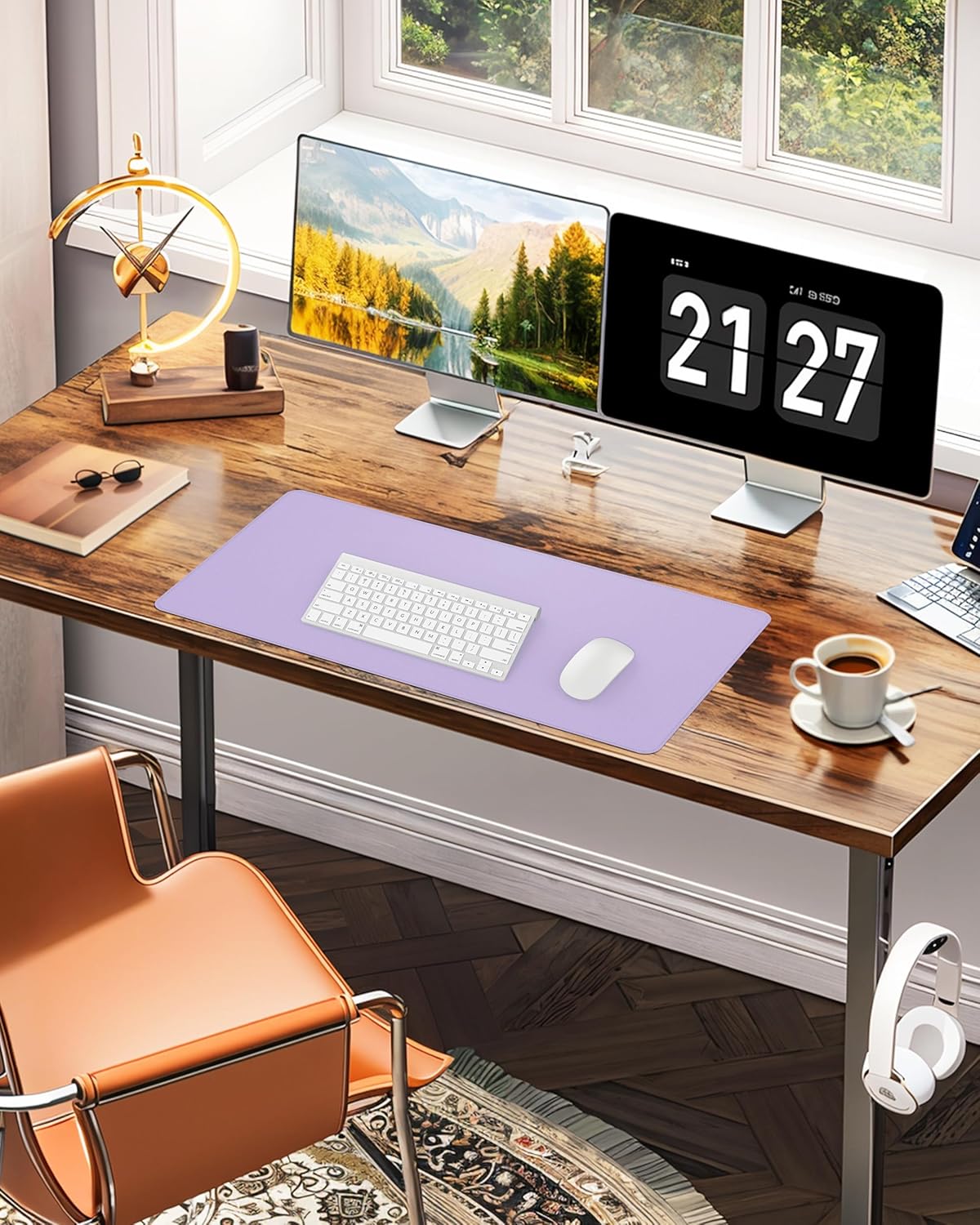 Large Desk Pad Mat - Waterproof Mouse Pad & Desk Protector, Non-Slip XL PU Leather Gaming Mat for Keyboard/Mouse, Stitched Edge with Ergonomic Support, 47"x17" (Lavender)