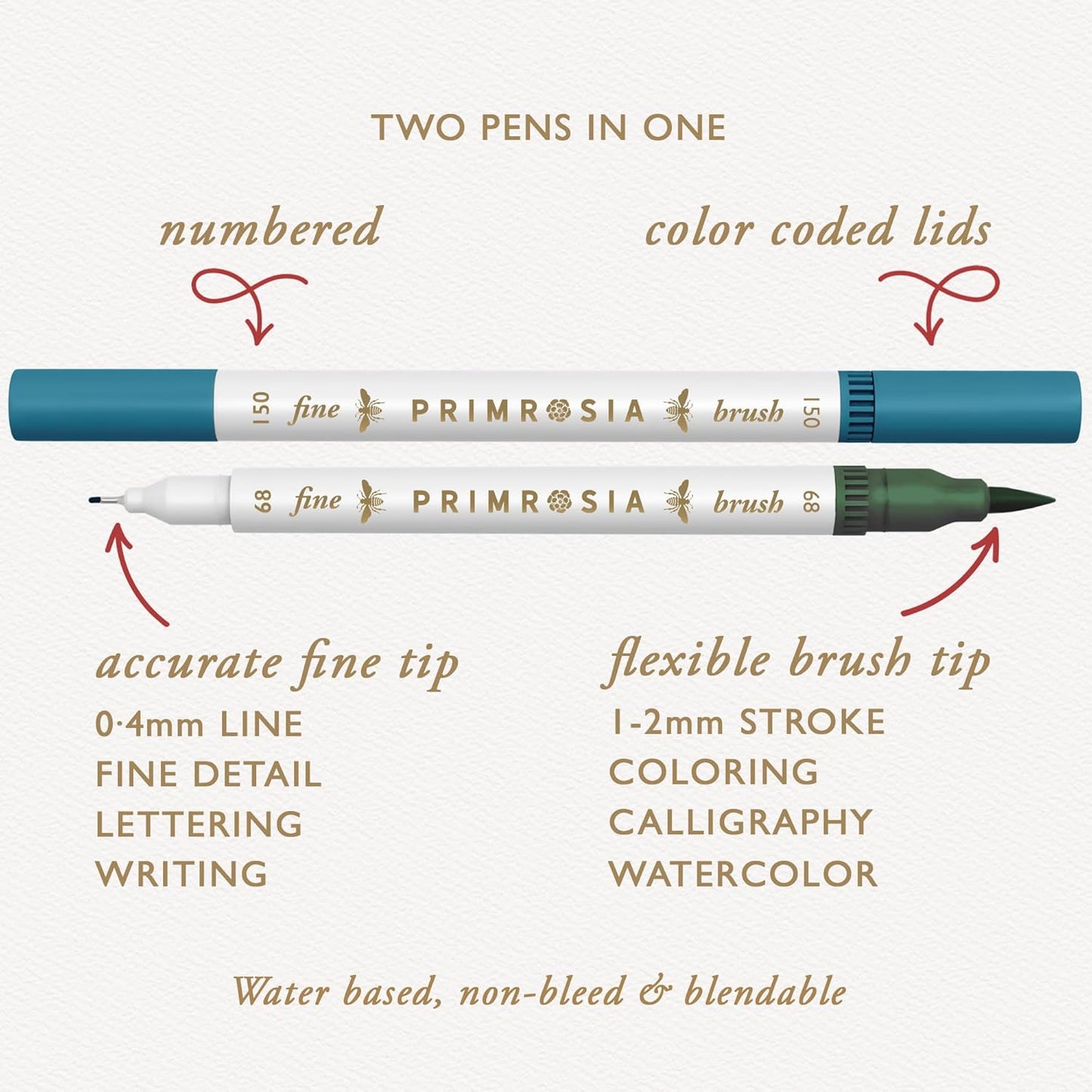 Primrosia 12 Dual Tip Watercolor Marker Pens - Fine Tip & Brush Tips, Professional Quality, 4 x Sticker Sheets, Blendable, Non-Toxic, Perfect for Calligraphy, Drawing & Coloring. (Alpine)