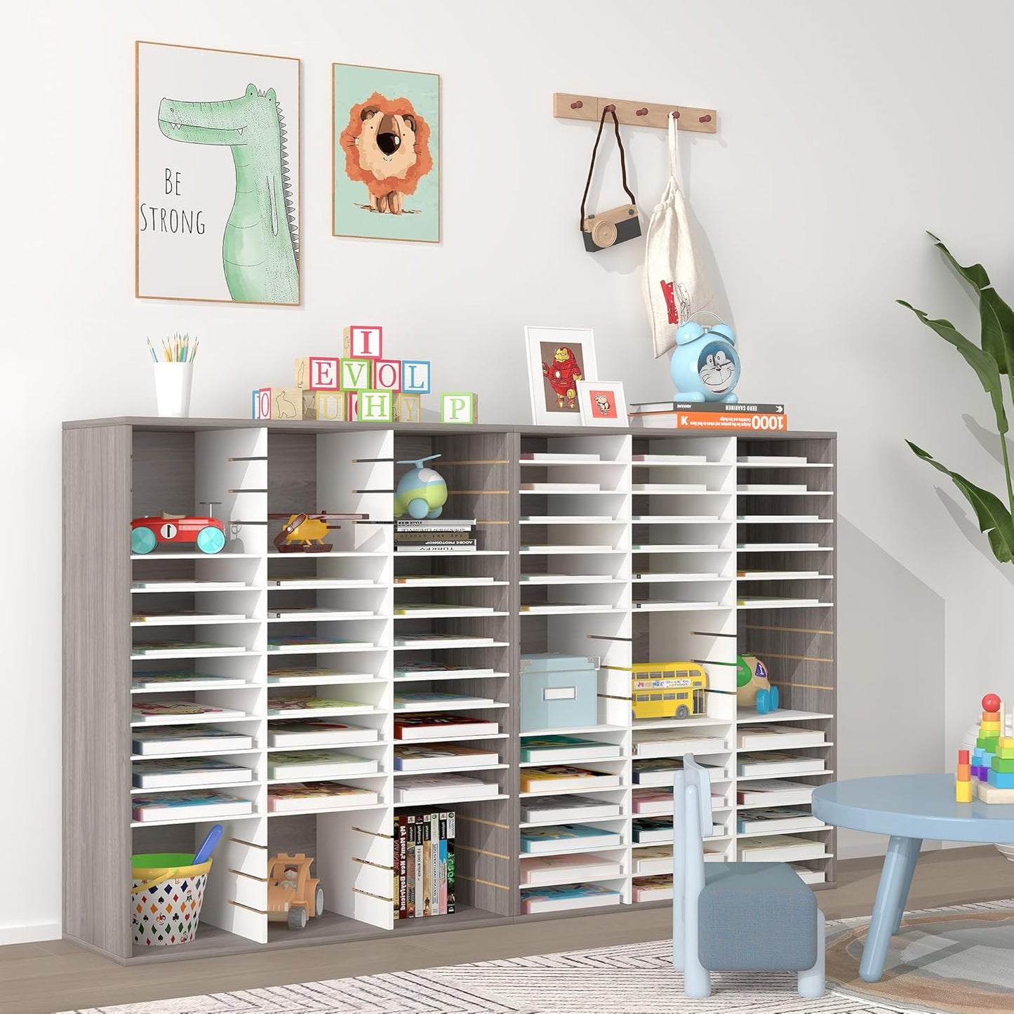 EasyPAG Mail Organizer Countertop, Wood Literature Organizer with Adjustable Shelves, Student Classroom Mailbox for School, Desktop Paper Sorter for Office Home, 48 Compartments, Retro Gray/White