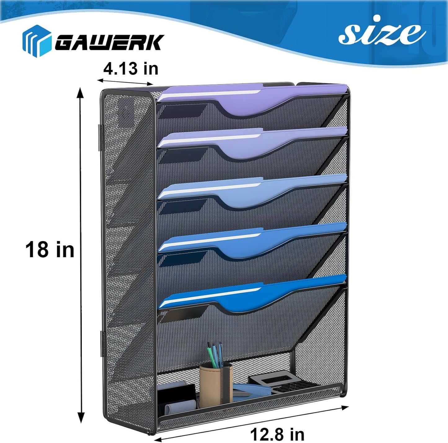 6 Tier Hanging File Organizer, Mesh Wall File Holder Paper Folder Rack with Bottom Flat Tray for Office Home, Black