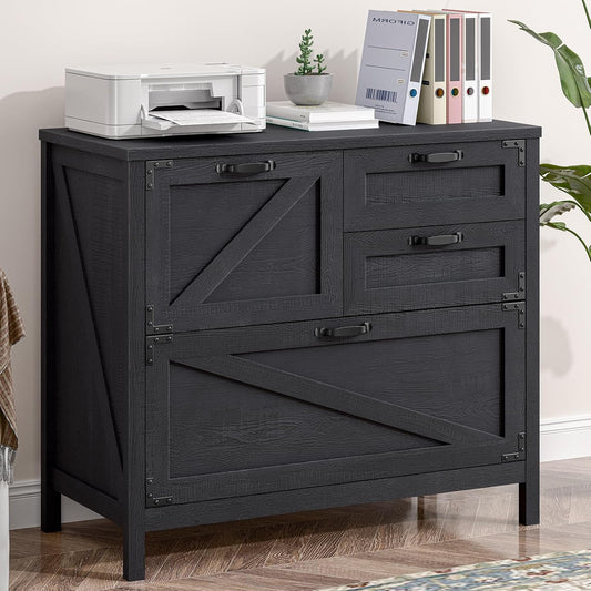 Wood Lateral File Cabinet with 4-Drawer for Hanging Files Letter/A4/Legal Size, Large Farmhouse Filing Cabinets for Home Office, Printer Stand with Office Cabinet, Office Furniture, Black
