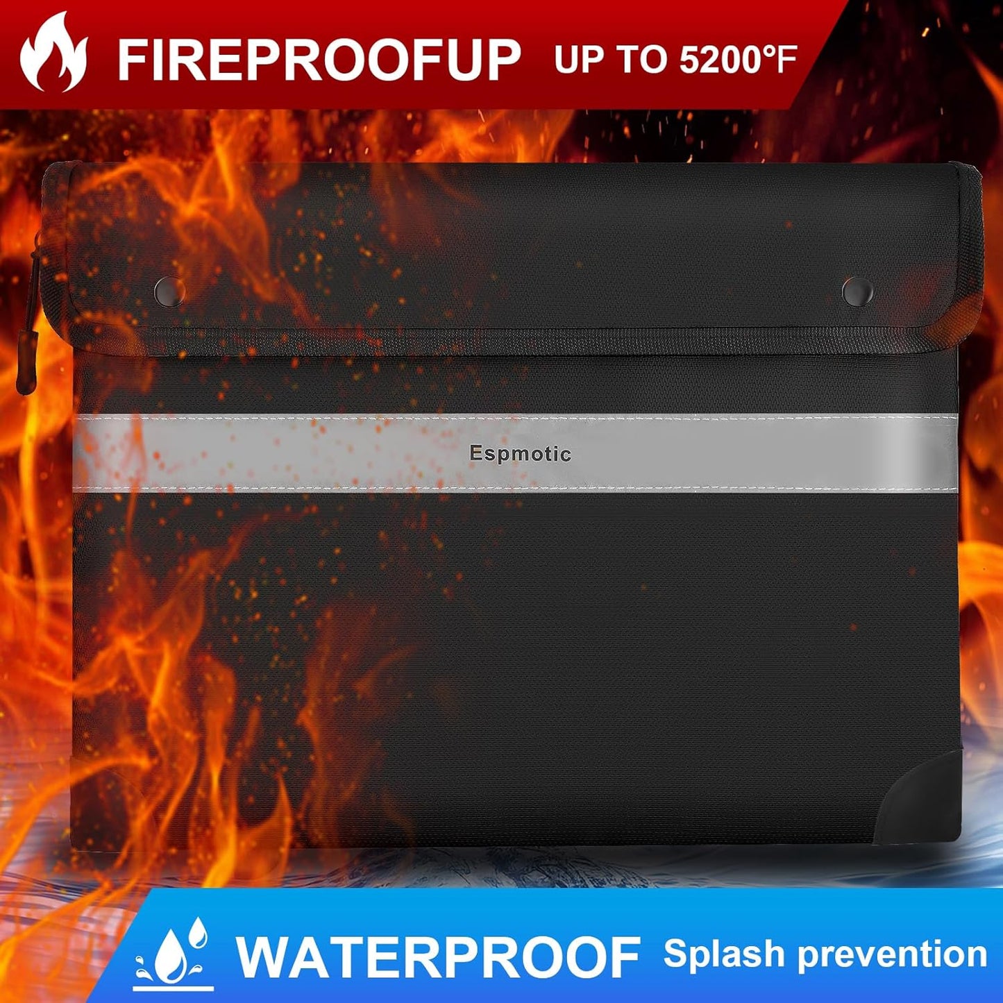 Fireproof Document Bag – 5200°F Heat-Resistant, 14.2" x 10.6" Waterproof Money Pouch with 8-Layer Protection, Zipper and Snap Closure, Reflective Strip for Quick Access, Black