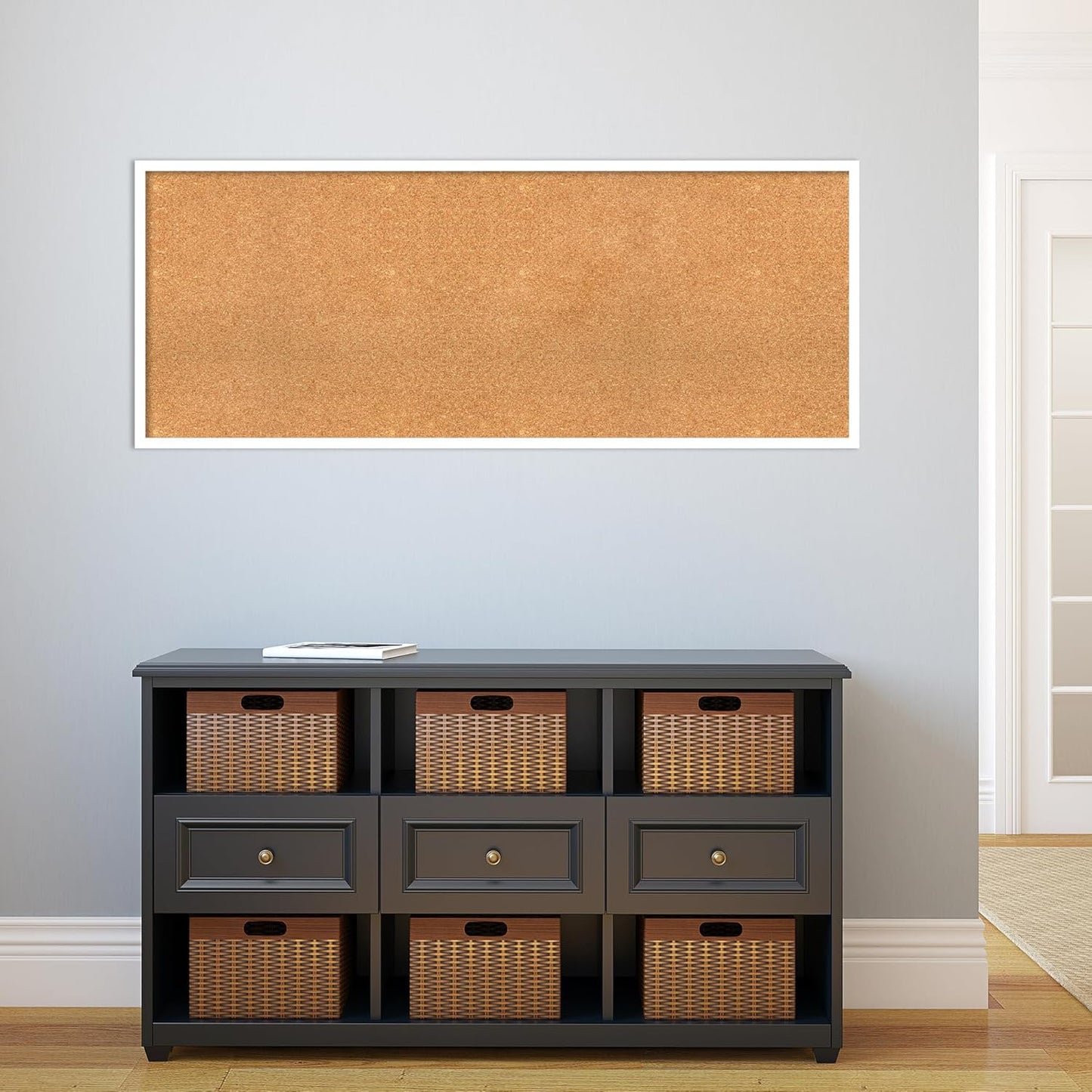 Amanti Art Natural Cork Board for Wall, 21x53 Vision Board with White Frame, Oversize Corkboard Office Decor for Home Organization, Modern Corkboard Pinboard to Display Items for Home Organization in