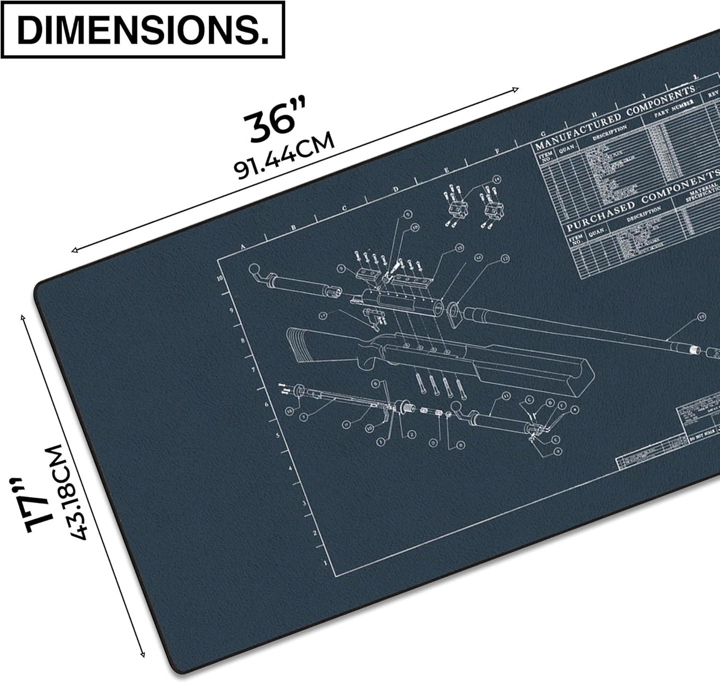 MPCO. Blueprints Large Gaming Desk Pad - 36" x 17" Aeroglyde Fabric Browning 50 Cal – Blue Desk Mats - Non-Slip, Washable, Smooth Glide for Precision Gaming & Work