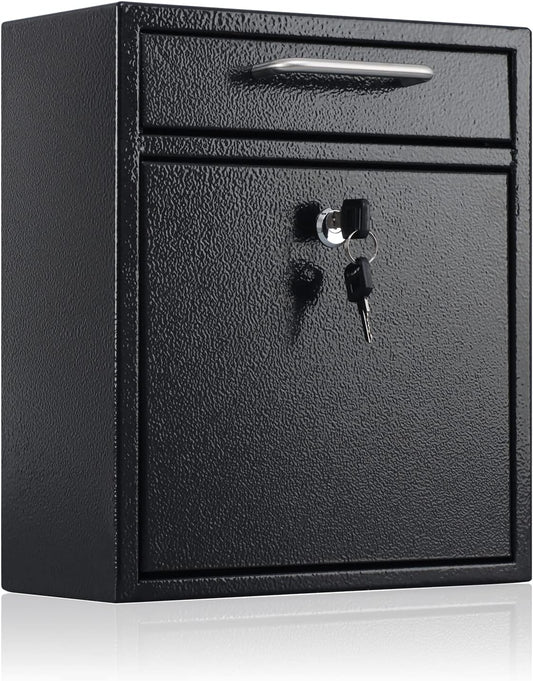 xydled Steel Mailbox Wall Mount, Medium Locking Mailbox with Key Lock, Lock Mail Boxes for Outside, Security Key Drop Box, Collection Boxes, 13.4H x 11.6L x 5.6W Inches, Black, Large