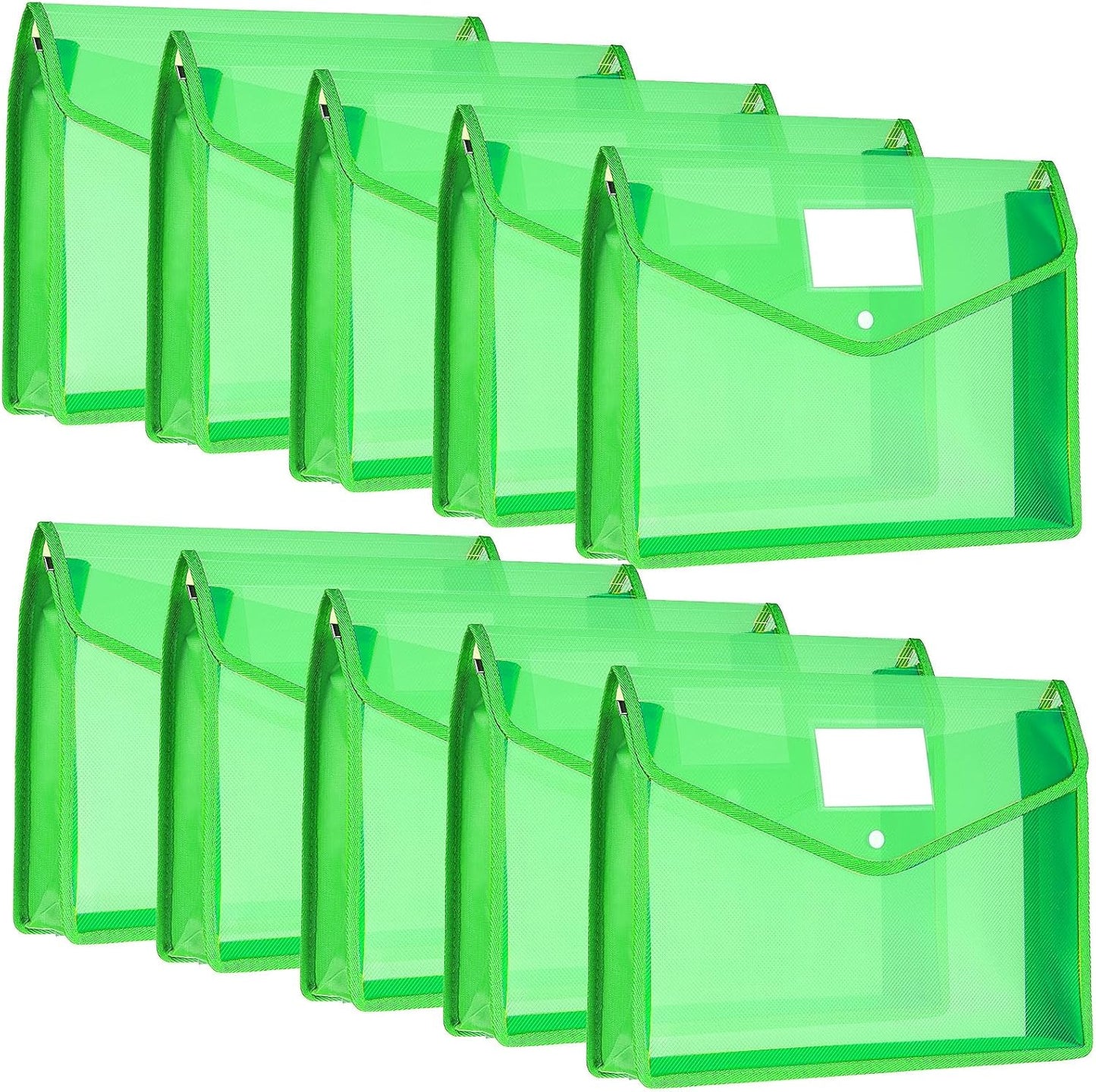 Epakh 10 Pieces Plastic File Folders Envelope Expanding File Wallet Organizer Documents Folder with Snap Closure and Pocket, A4 Size Waterproof Transparent Pouch (Green,Horizontal)