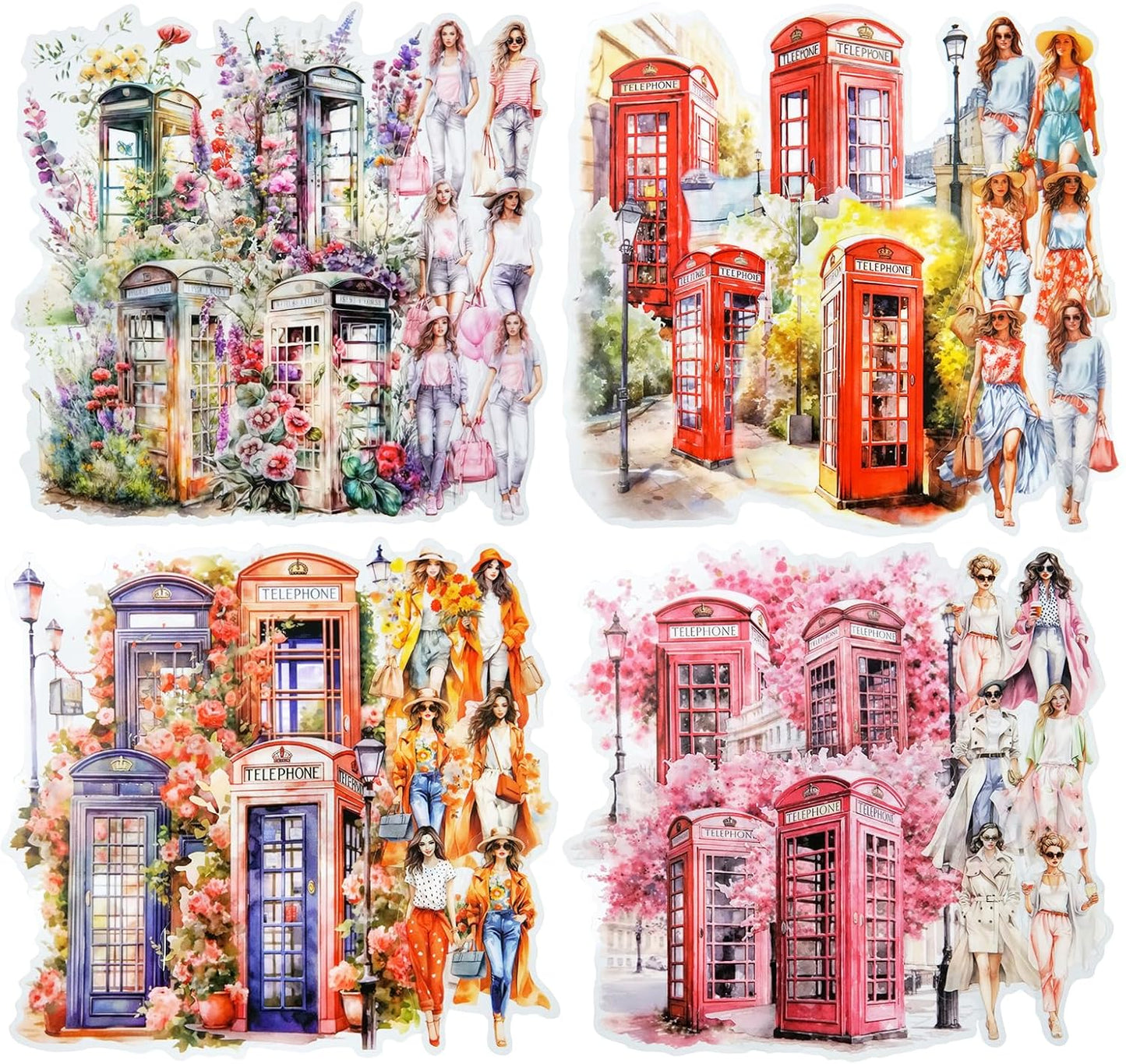 Telephone Booth PET Sticker Set, 80PCS Vintage Street Scene Stickers for Scrapbooking, Journaling, DIY Crafts, Planner Decoration, and Aesthetic Collage