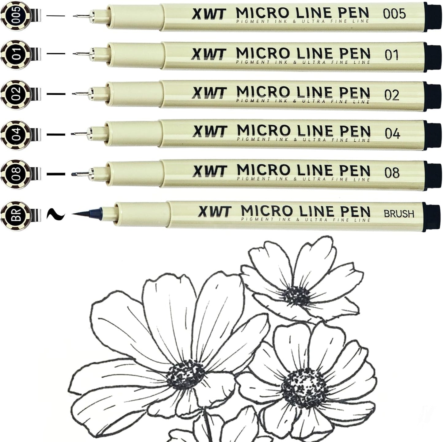 Micro Fineliner Pens 6 Size/Set, Ultra Fine Fineliner Pen, Brush Marker Pen, Water-based Black Pigment Ink, Drawing Journaling Doodle Supplies for Artists, Designers, Students