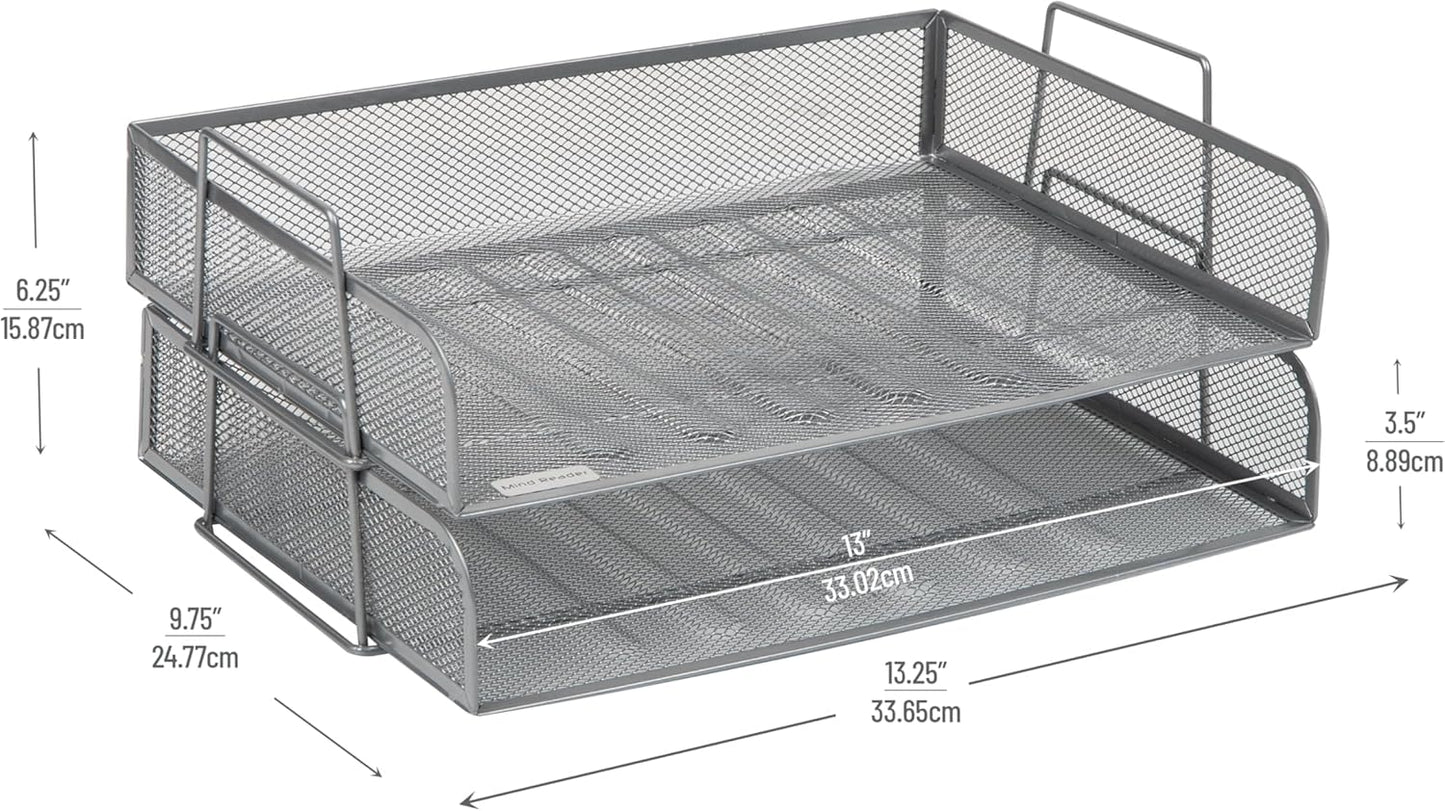 Mind Reader Stackable Paper Tray, Desktop Organizer, File Storage, Office, Metal Mesh, 13.25" L x 9.75" W x 6.25" H, 2 Pcs., Silver